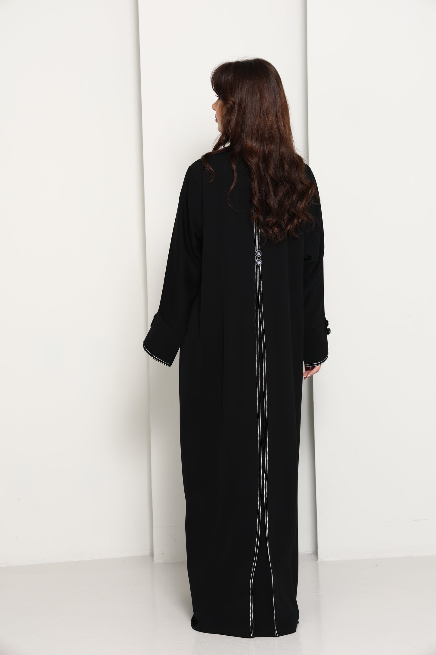 Jet Black Open Abaya with Tailored Lapel & Contrast Stitch Detailing