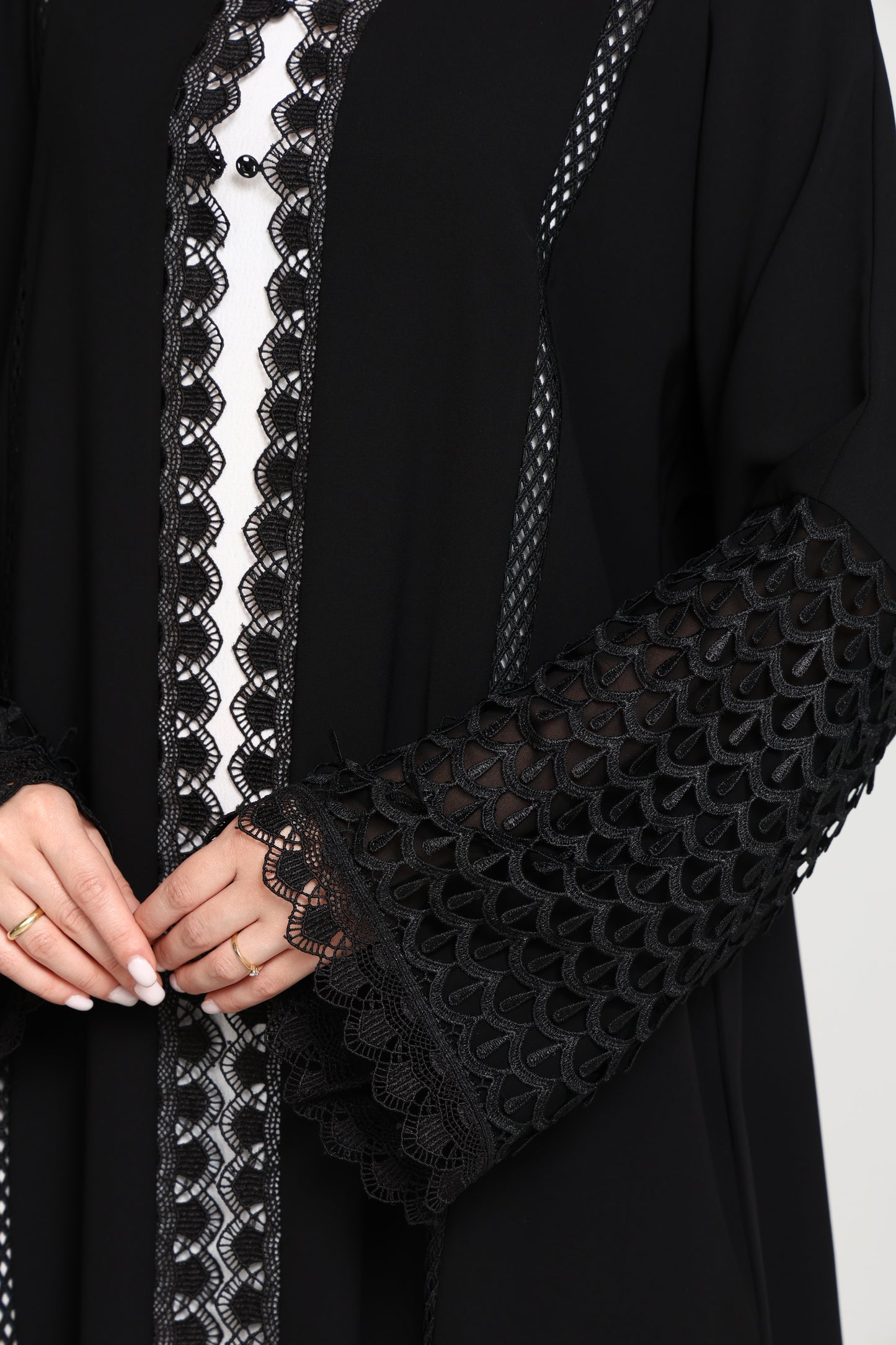 Black Open Abaya with Lace Sleeves & Front Panel