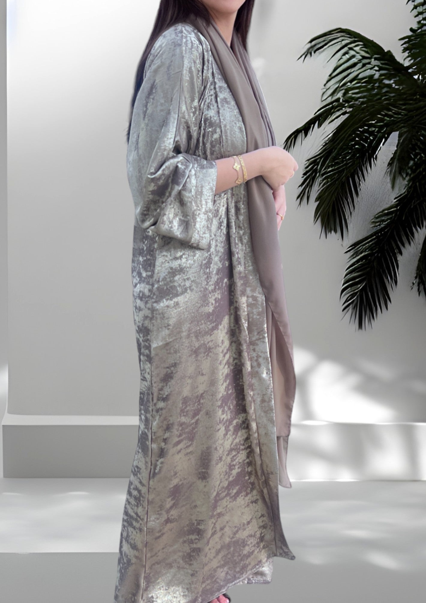Front Open Double Shade Olive Grey Silk Abaya