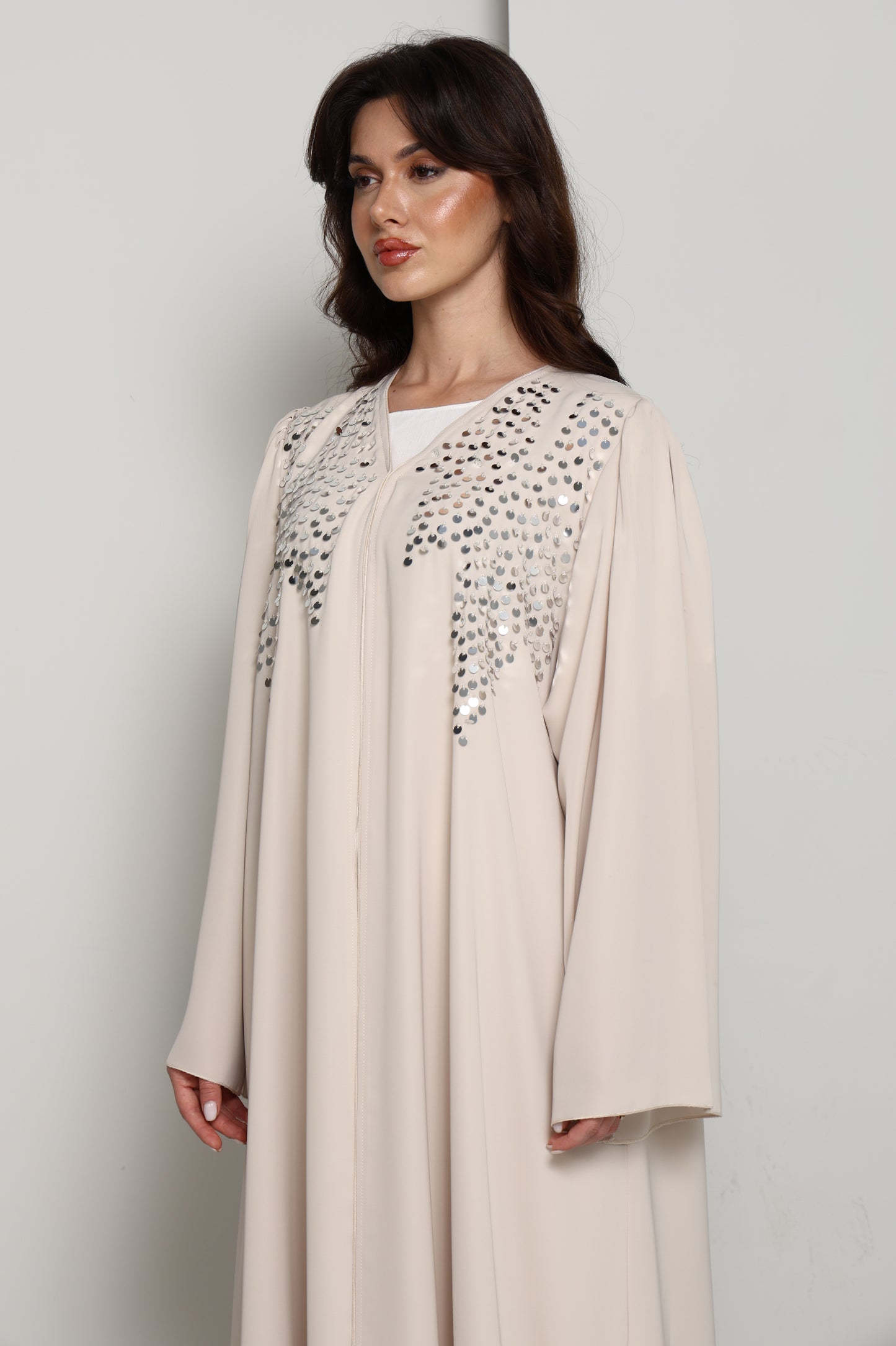 Modern Open Abaya with Silver Sequin Handwork | Premium Fabric Cream Edition