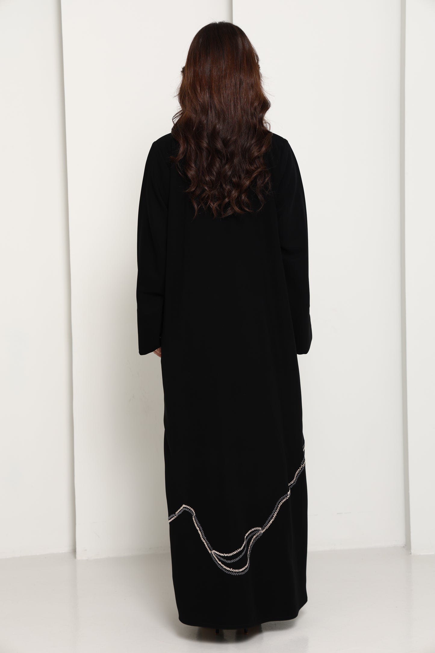 Jet Black Abaya with Asymmetrical Thread-Work