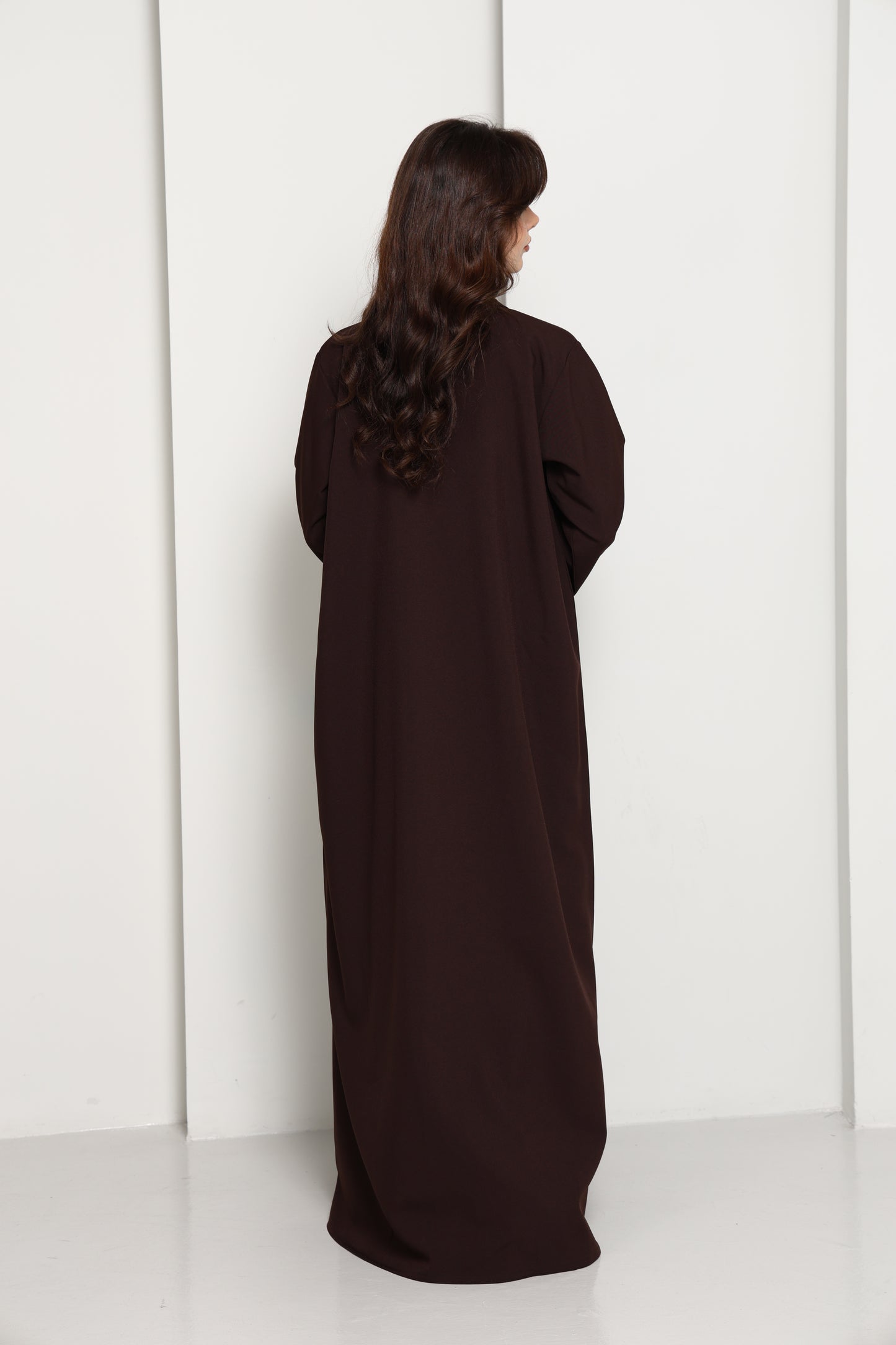 Dark Chocolate Blazer-Style Abaya I Open Front Abaya with Lapel Collar, Pockets & Piping Cuffs