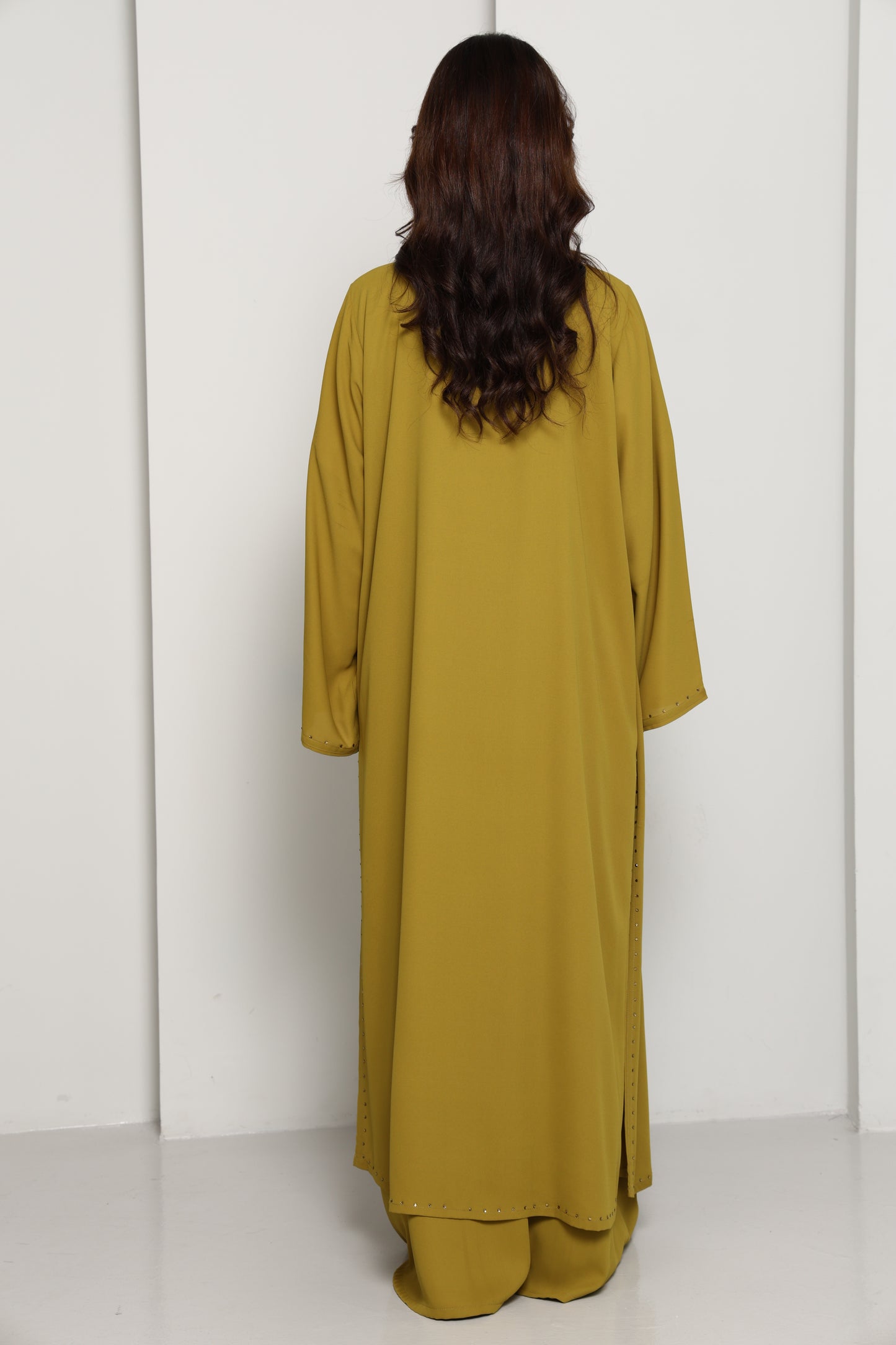 Olive Mustard Open Abaya with Subtle Stud Embellishment