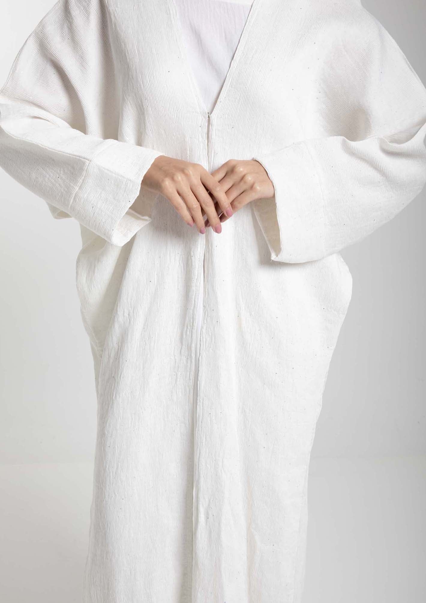 Soft White Linen Pleated Shimmer Abaya