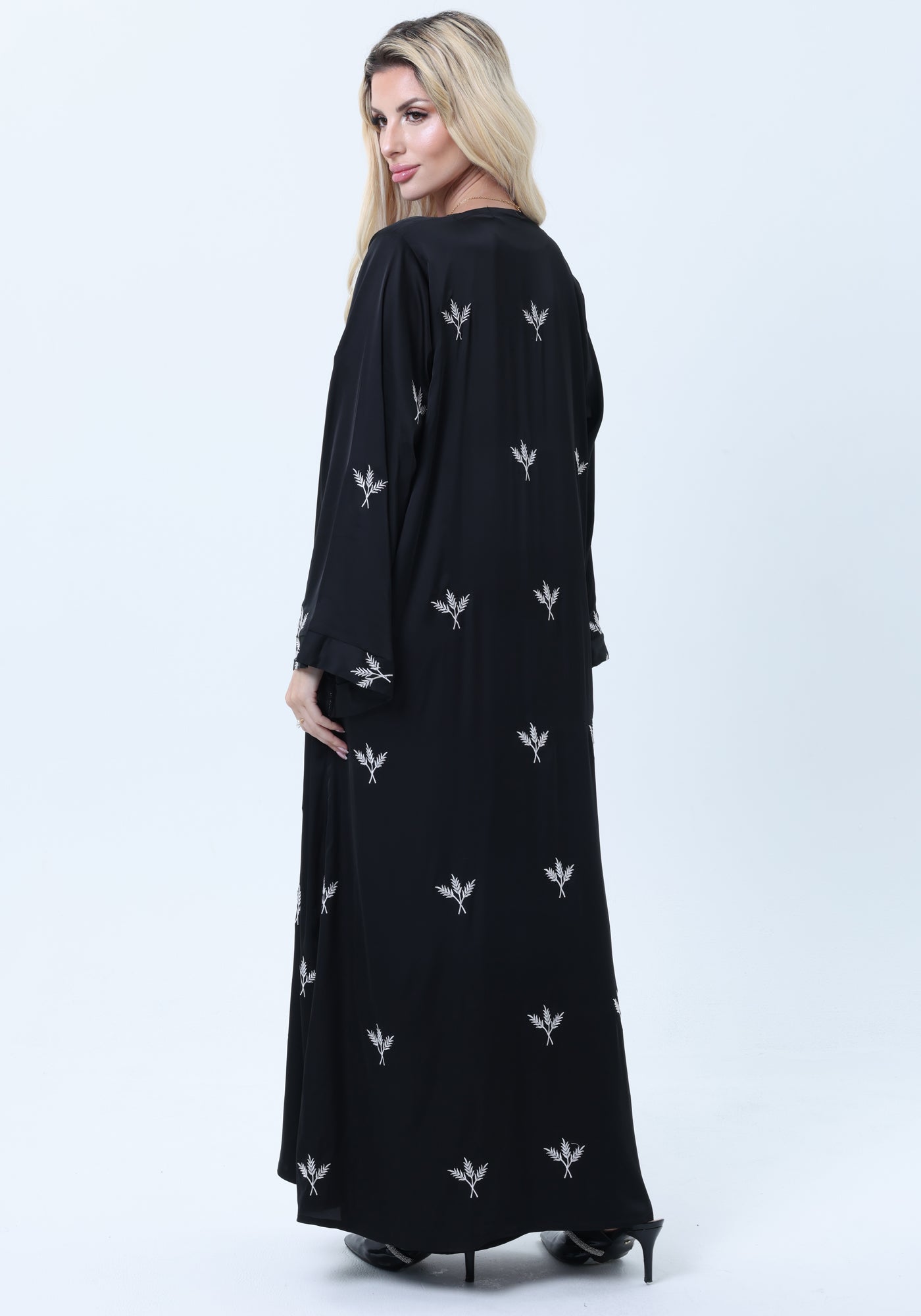 Black Silk Abaya with Silver Embroidered Motifs & Matching Headscarf