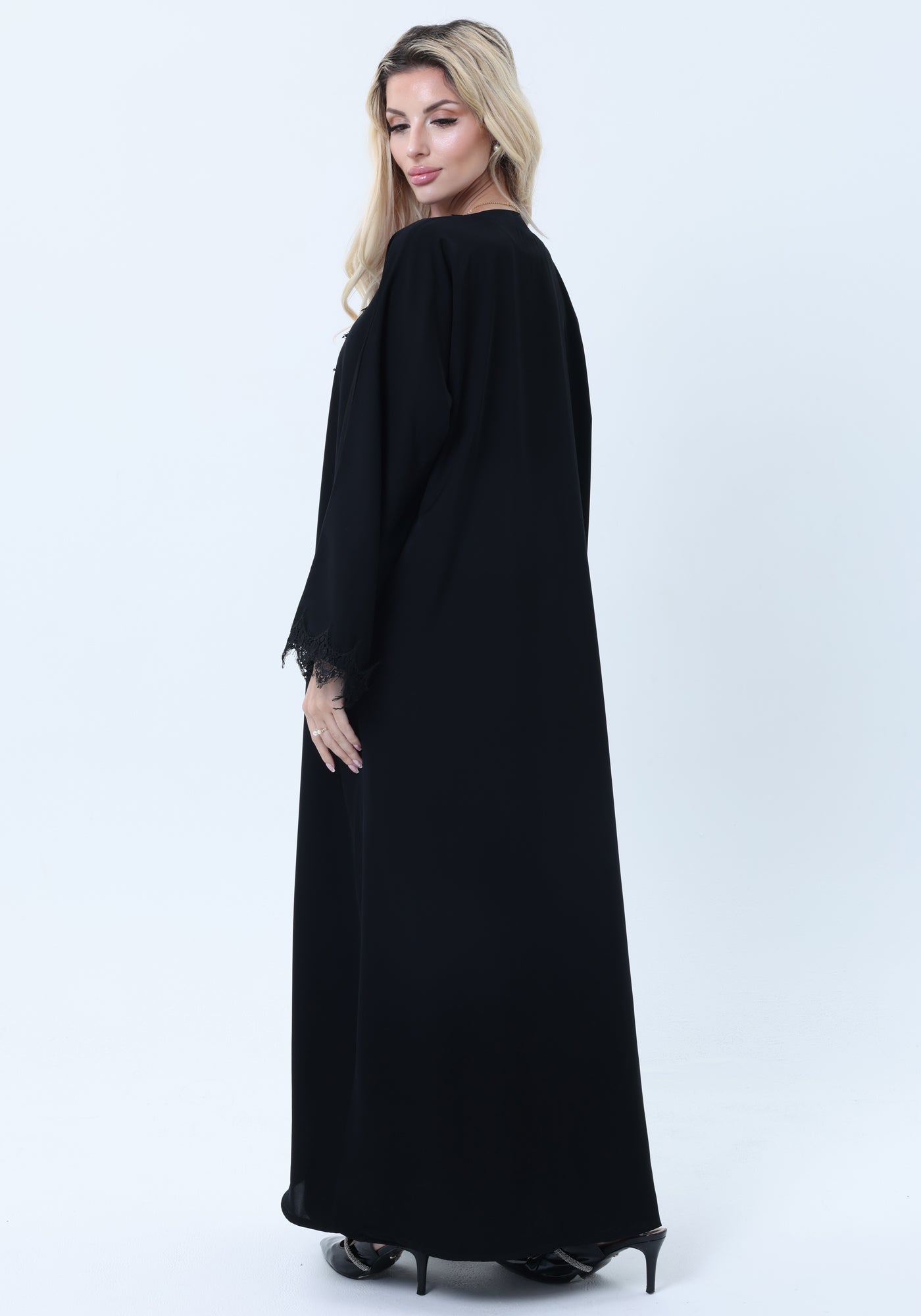 3-Piece Black Abaya Set with Intricate Lace Detailing & Matching Headscarf