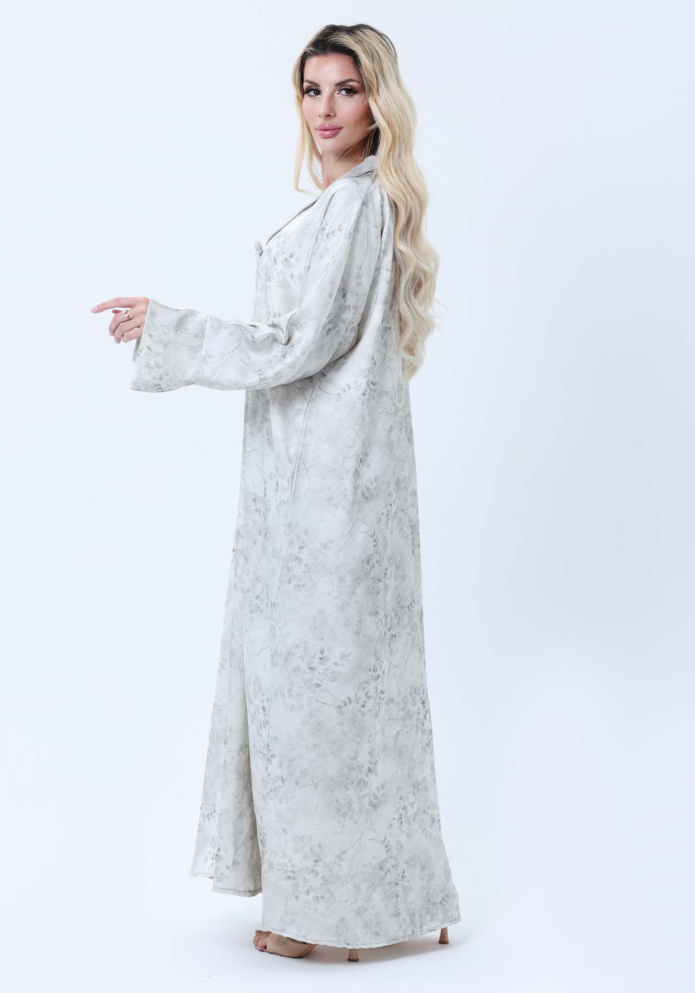 Premium Floral Print Abaya with Collar Detail - Elegant Cream & Gray with Headscarf