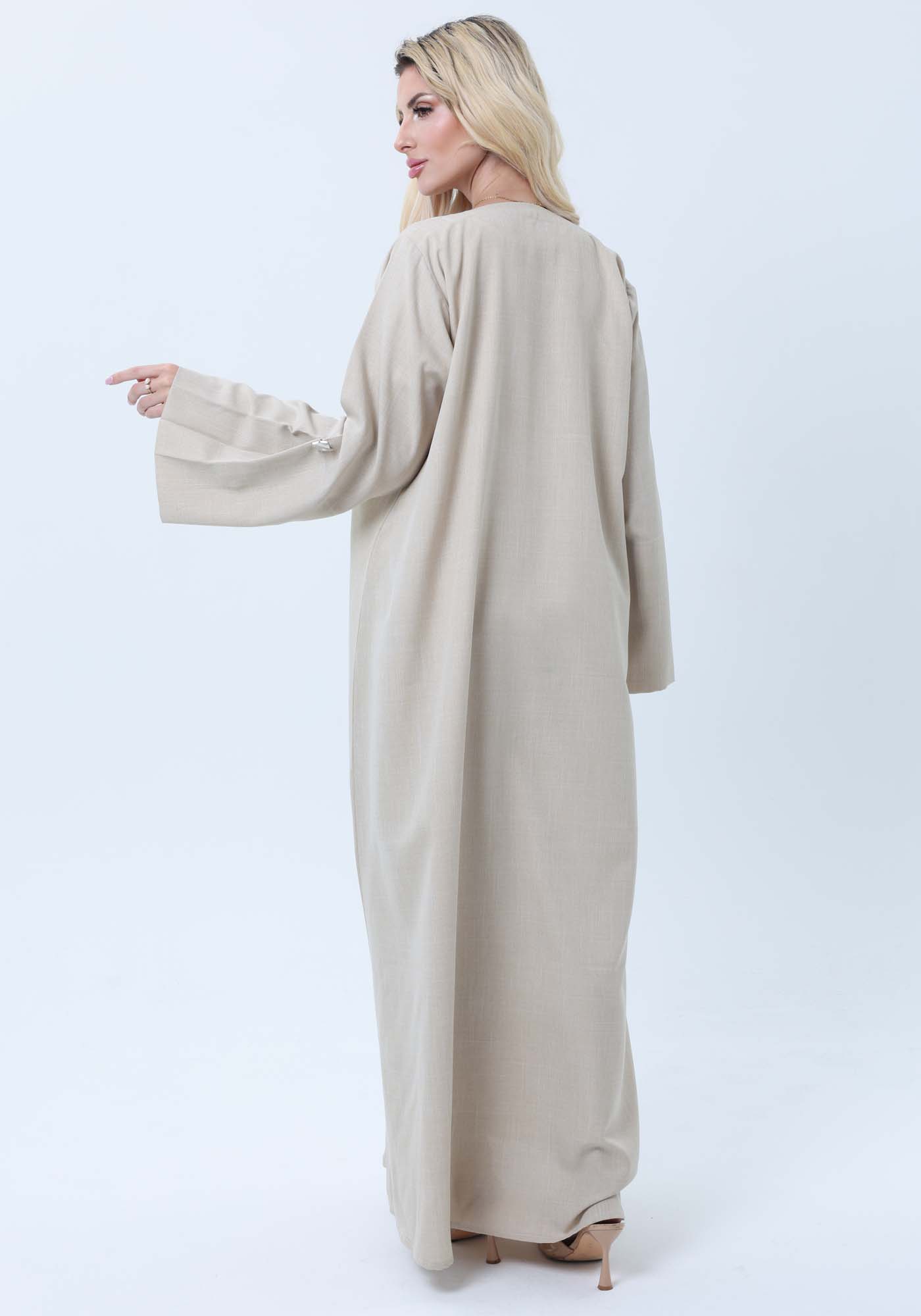 Light Beige Melange Abaya with Decorative Buttons and Matching Headscarf