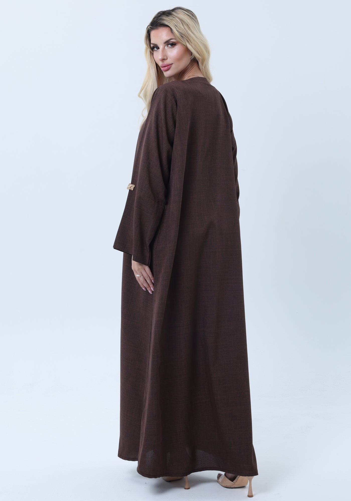 Brown Mélange Abaya with Decorative Buttons and Matching Headscarf