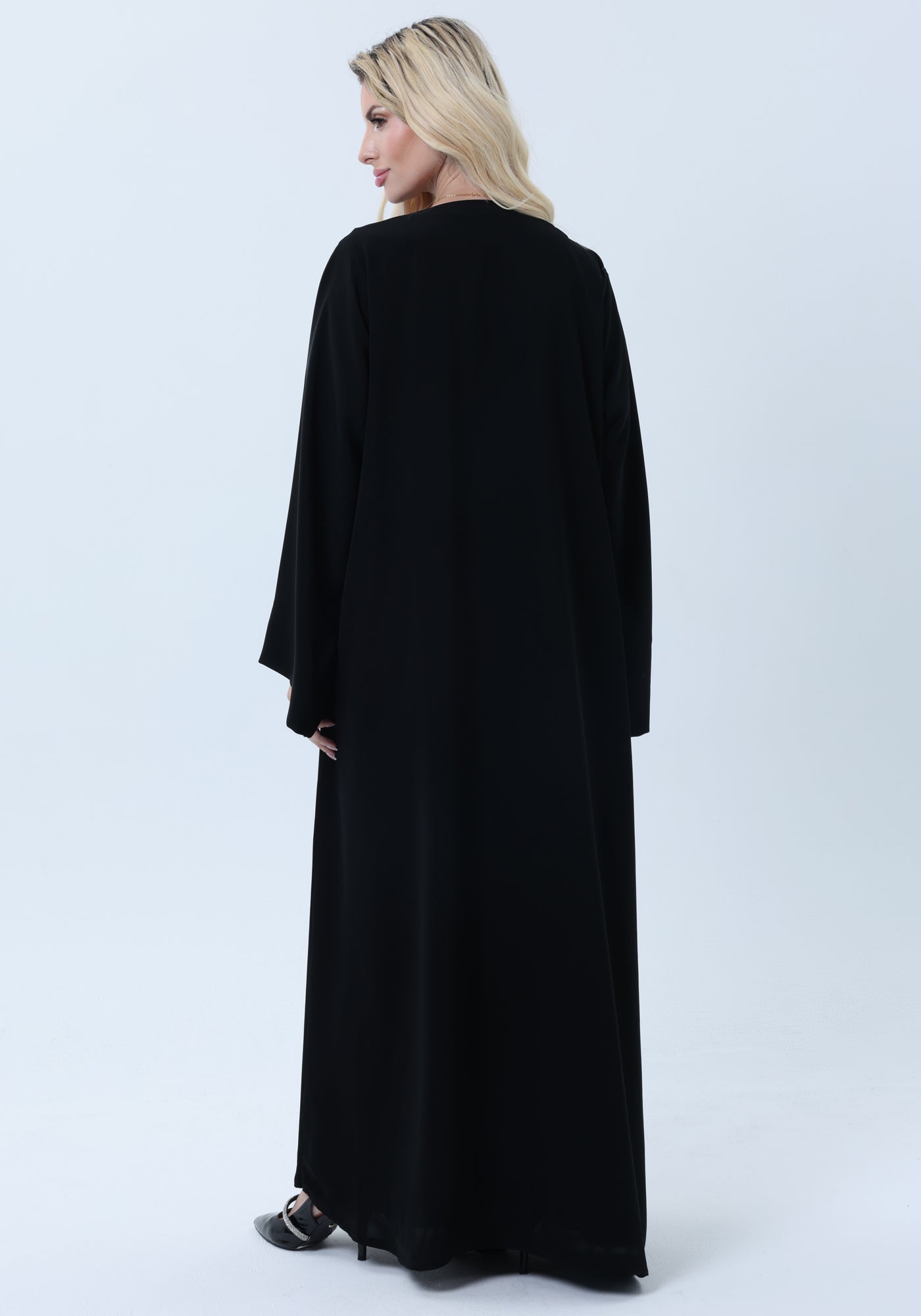 Black Nida Abaya with White Leaf Embroidery - Elegant Threadwork Design With Headscarf