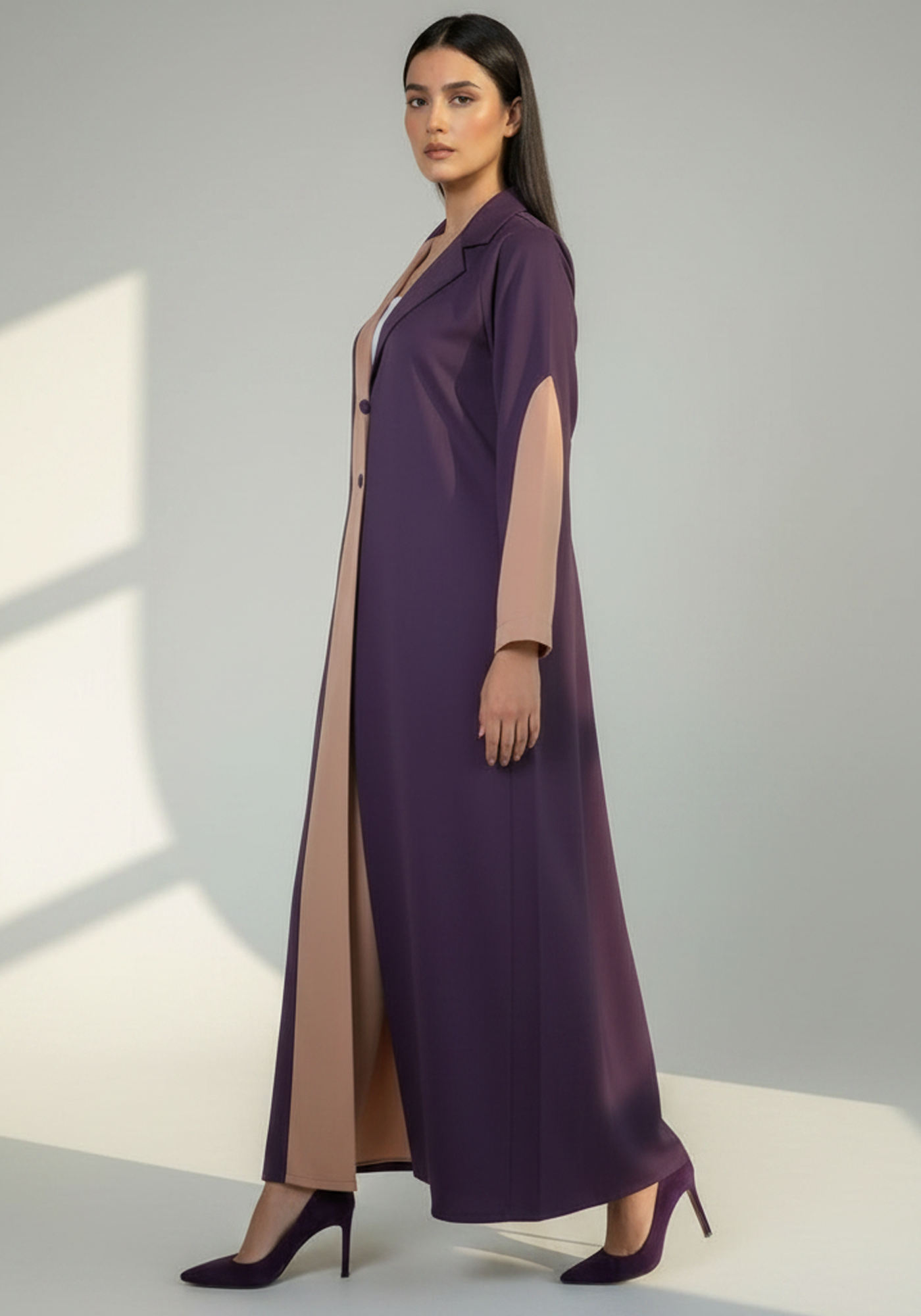 Deep Purple Abaya with Peach Contrast Trim, Blazer Style Collar Design