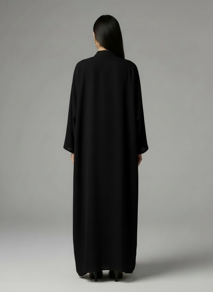 Signature Korean Nida Black Open Abaya Minimalist High-Neck Design