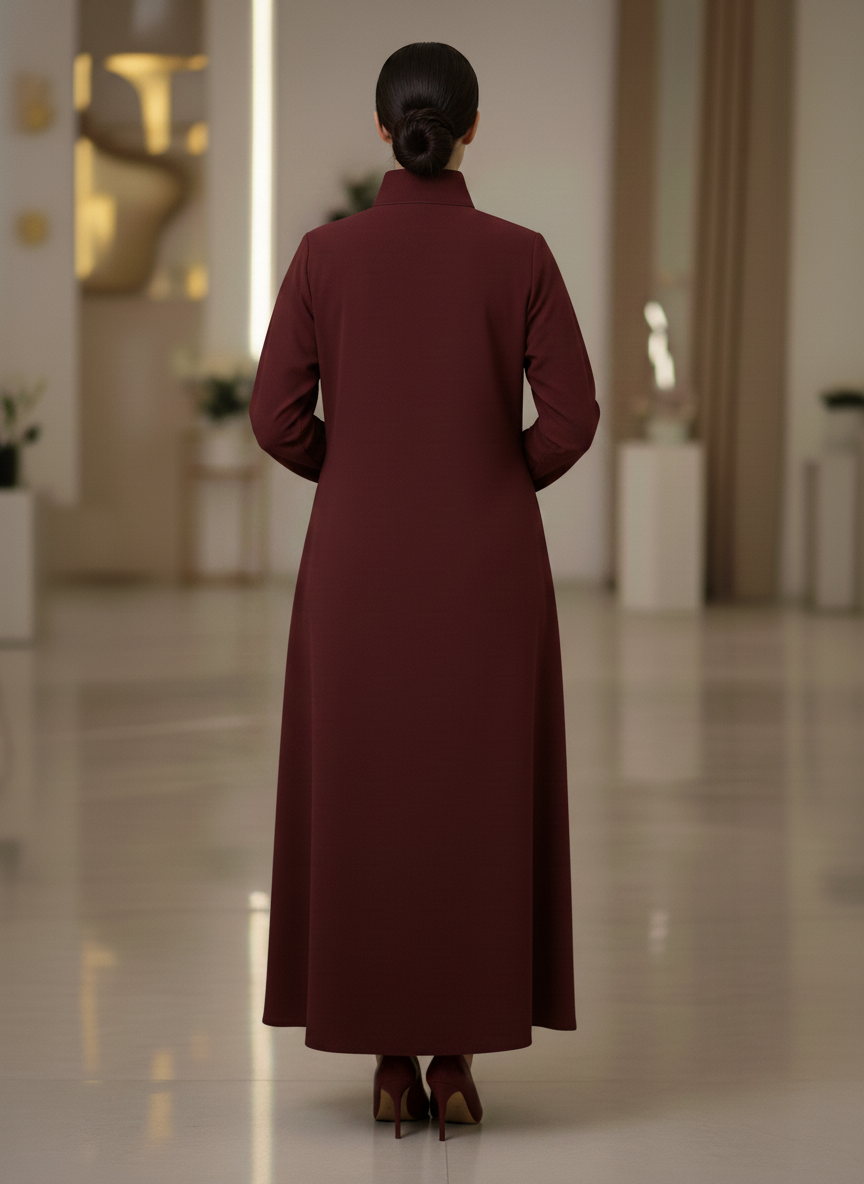 Bold And Modern Maroon Cobra Crepe Abaya Mandarin Collar Edition