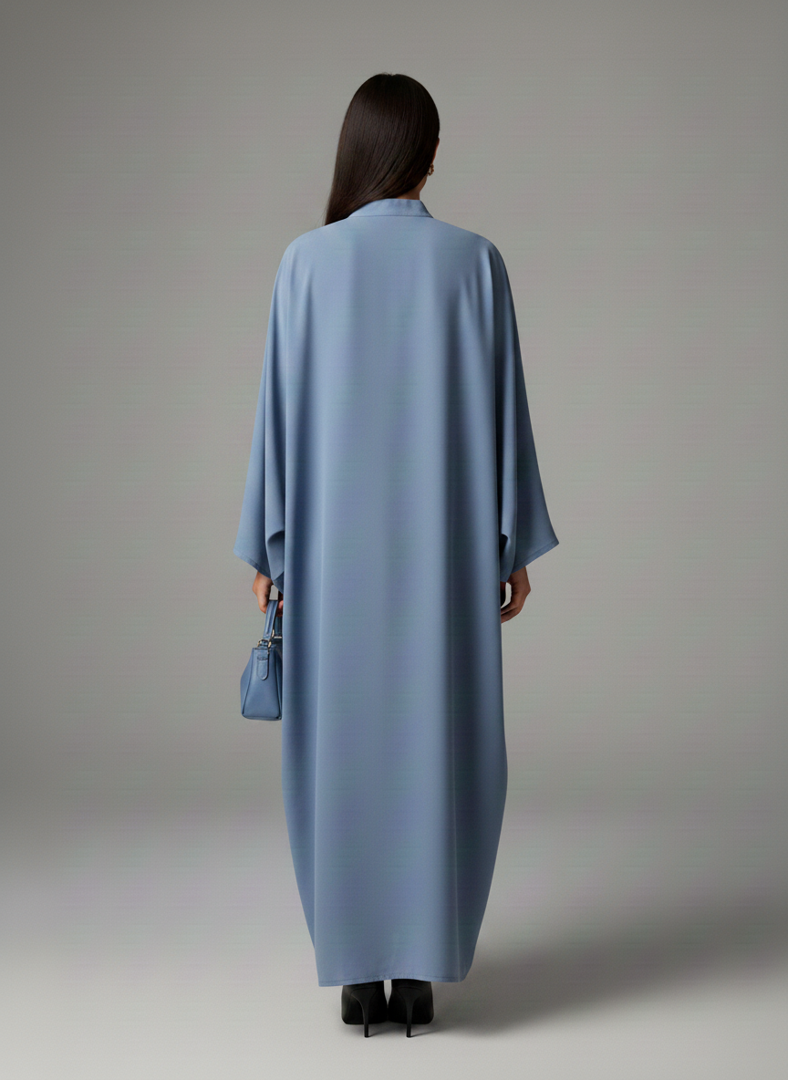 Signature Korean Nida Dusty Blue Open Abaya Minimalist High-Neck Design