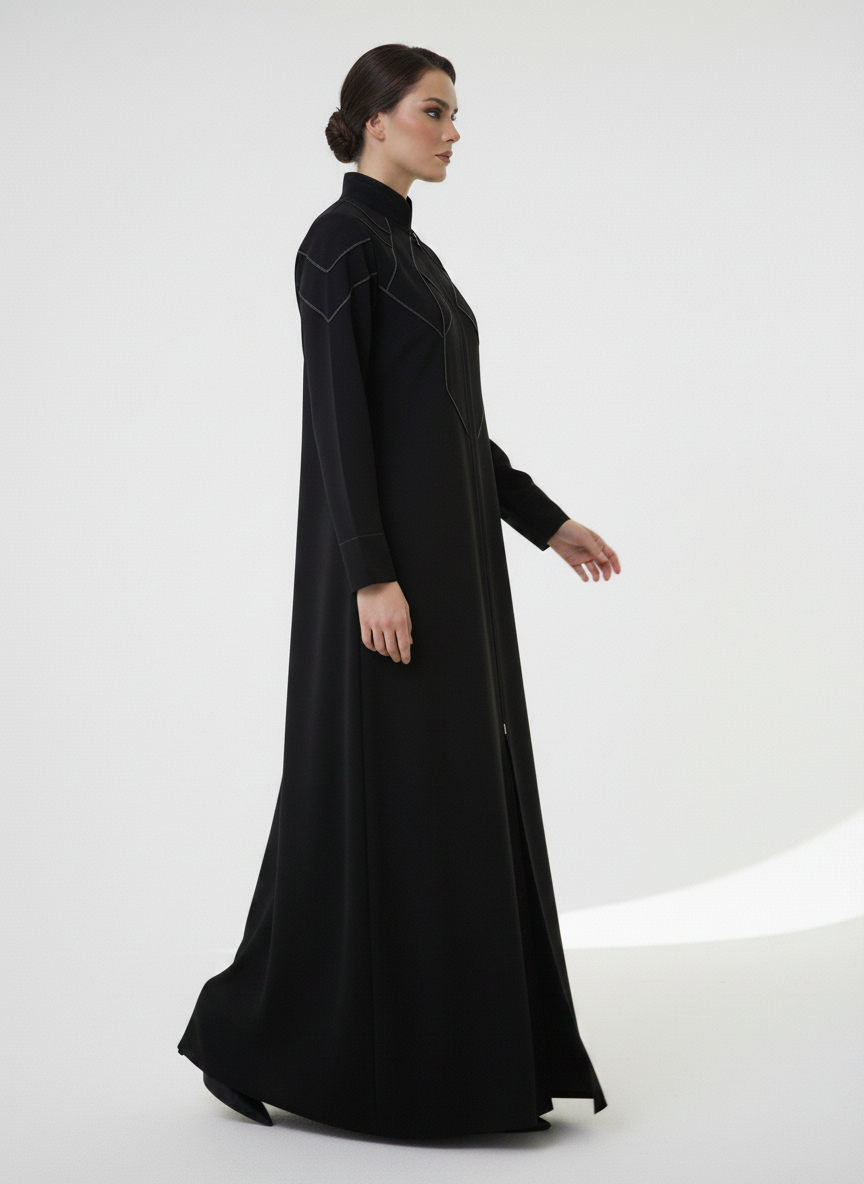 Geometric Panelled Design Black Abaya with Plain Chiffon Headscarf