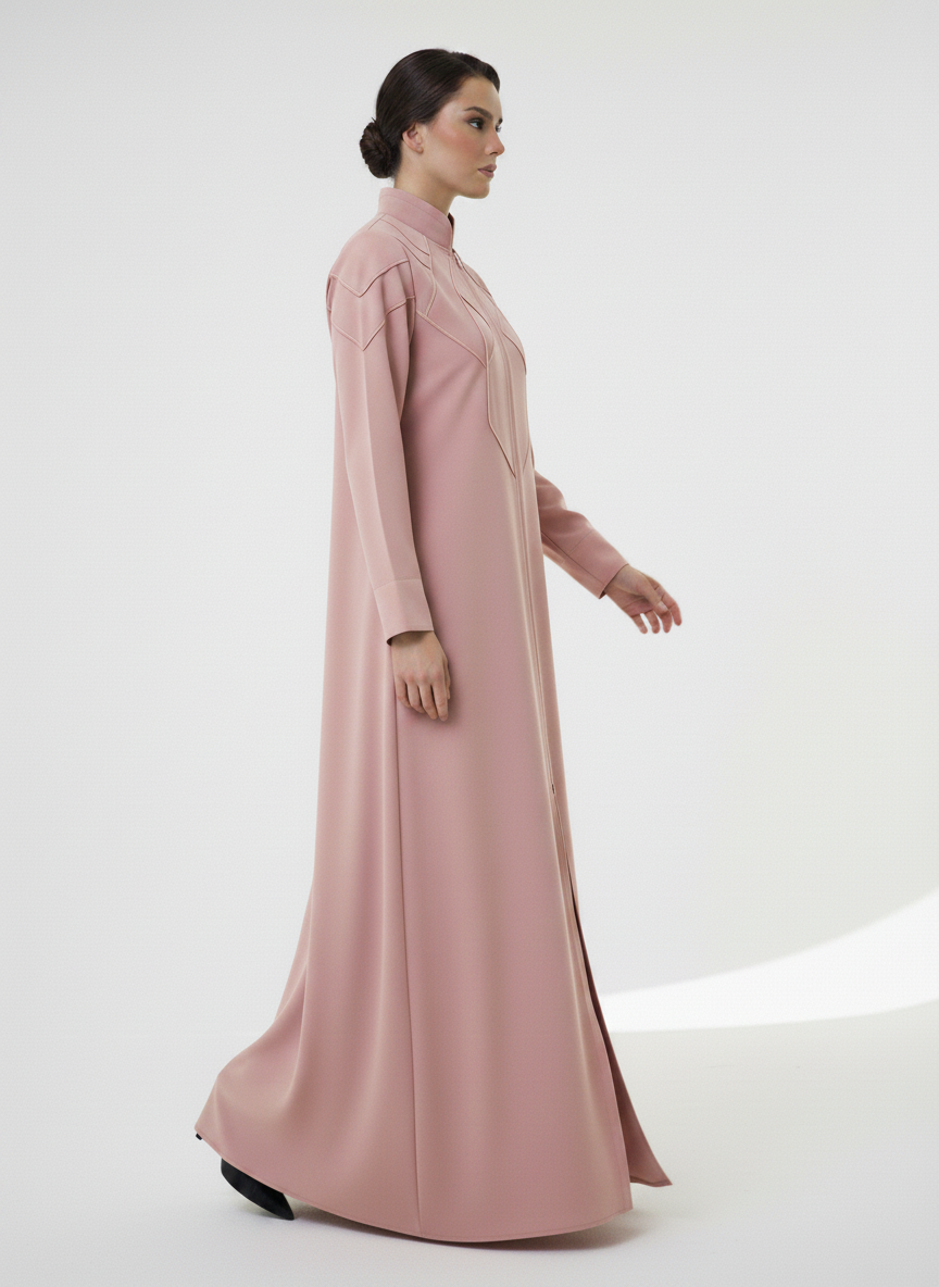 Geometric Panelled Design Pink Abaya with Plain Chiffon Headscarf