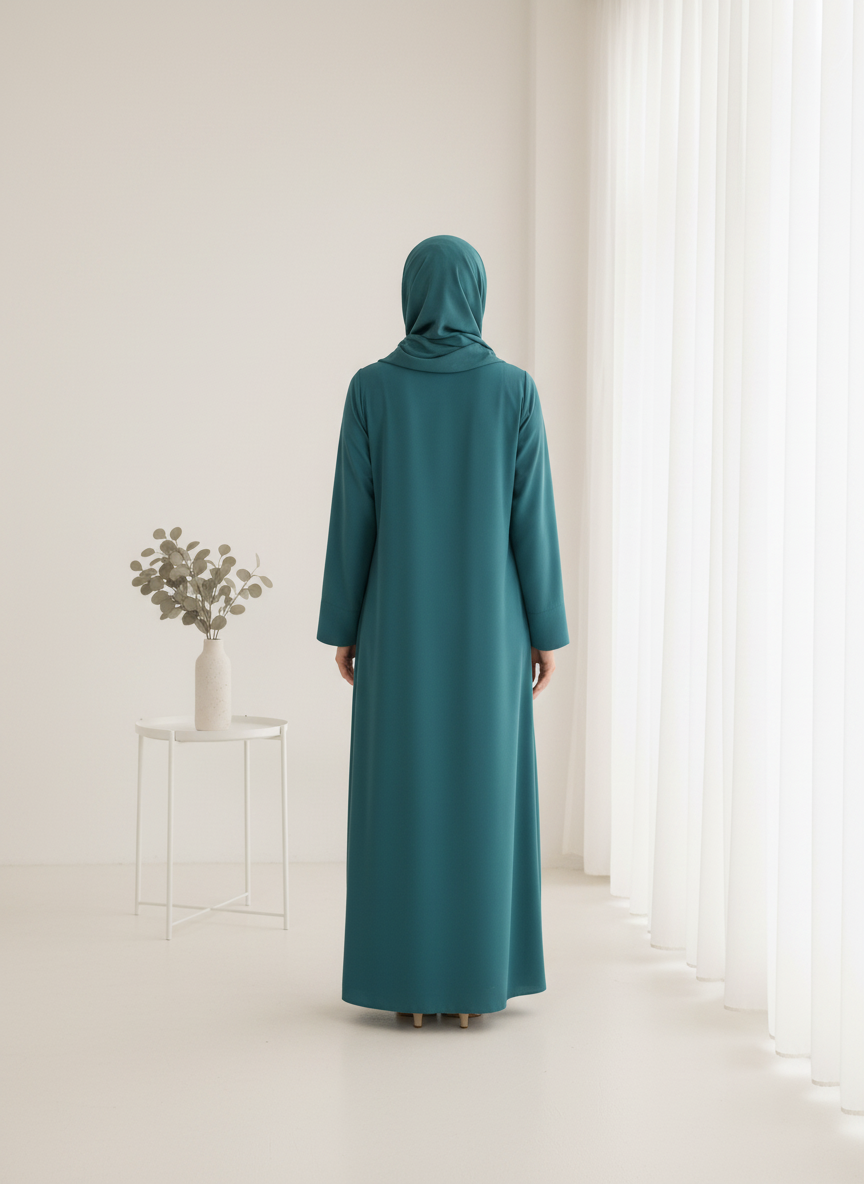 Green Korean Nida Abaya – Asymmetrical Button Design with Matching Chiffon Headscarf