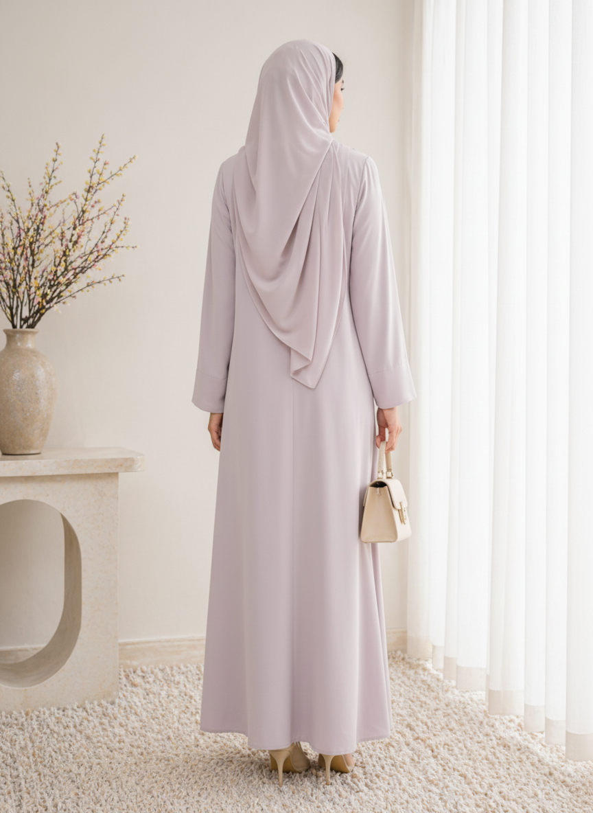 Lavender Korean Nida Abaya – Asymmetrical Button Design with Matching Chiffon Headscarf