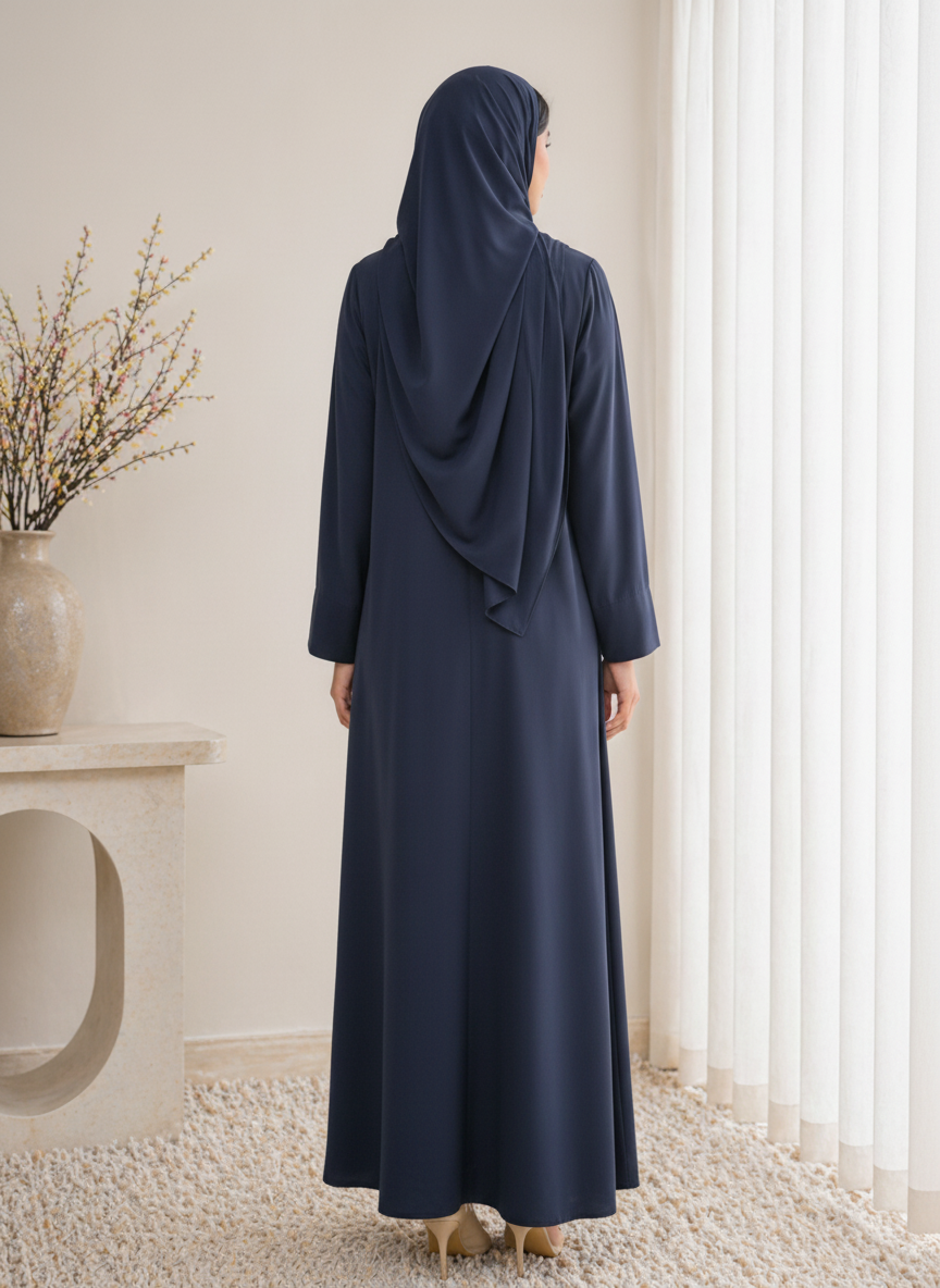 Navy Blue Korean Nida Abaya – Asymmetrical Button Design with Matching Chiffon Headscarf