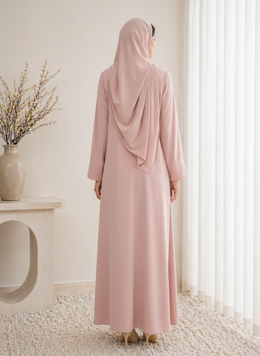 Pink Korean Nida Abaya – Asymmetrical Button Design with Matching Chiffon Headscarf