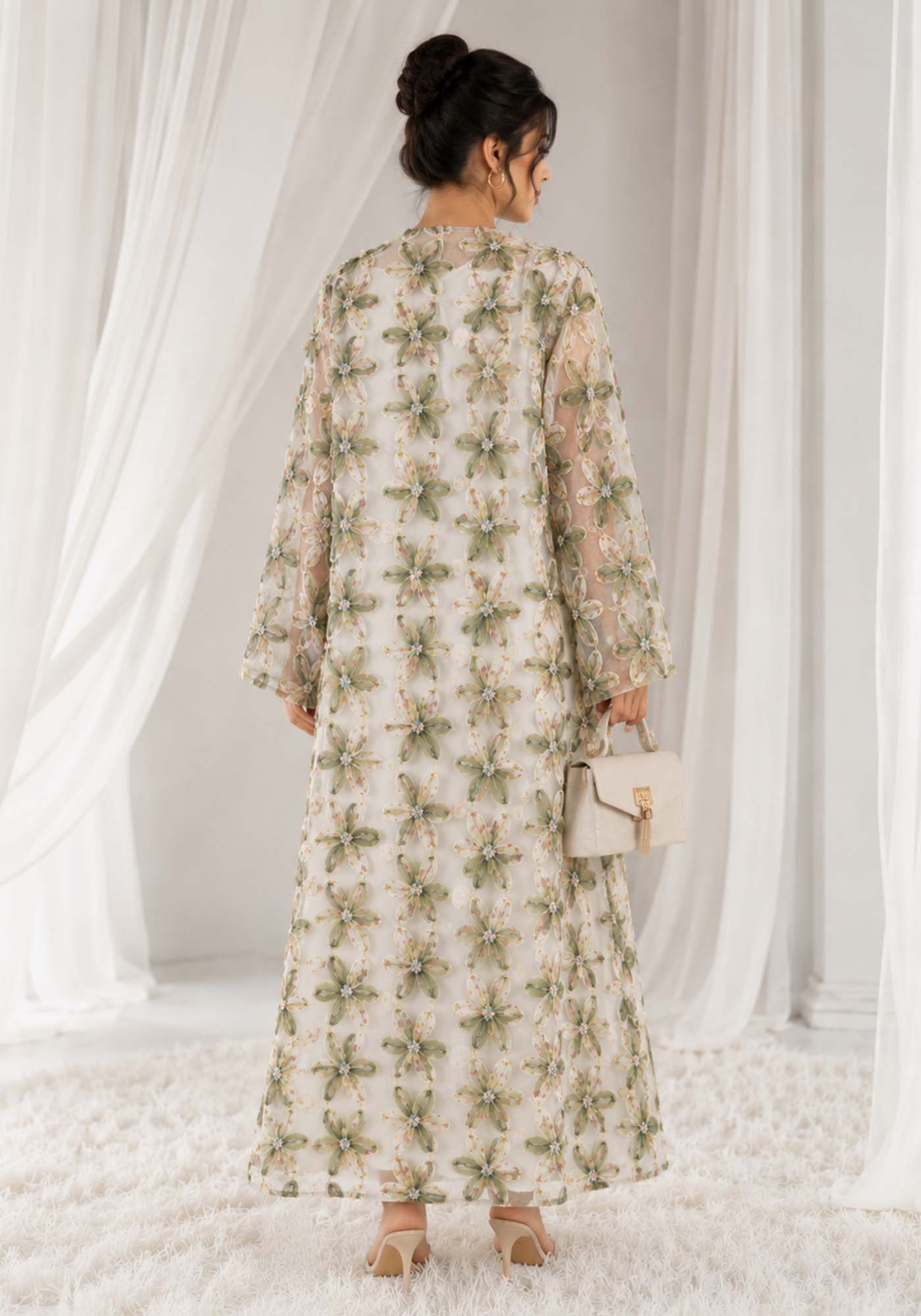 Net Floral Abaya with Headscarf – Elegant, Modest, Luxury Women’s Abaya for Special Occasions