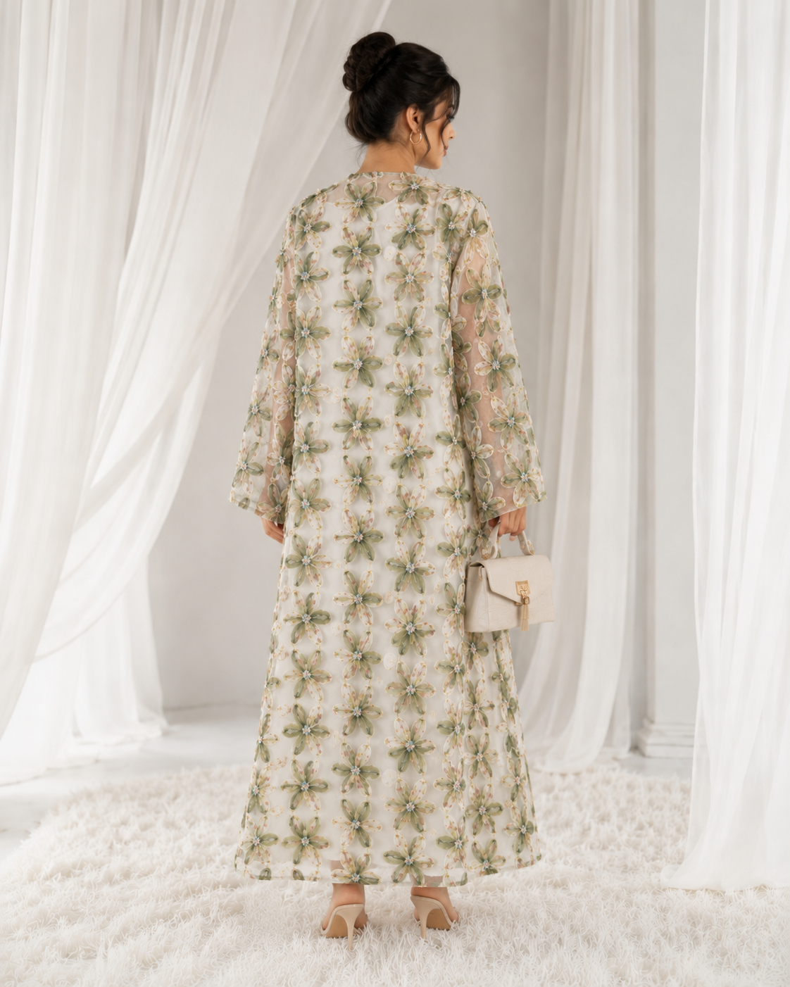 Net Floral Abaya with Headscarf – Elegant, Modest, Luxury Women’s Abaya for Special Occasions