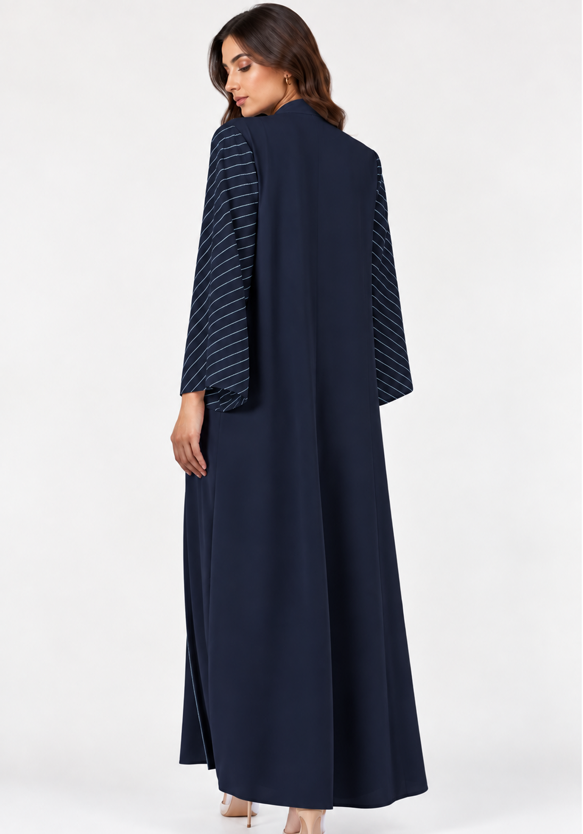 Navy Blue & Ice Blue 3-Piece Crepe Abaya Set with with Geometric Neckline & Striped Sleeves