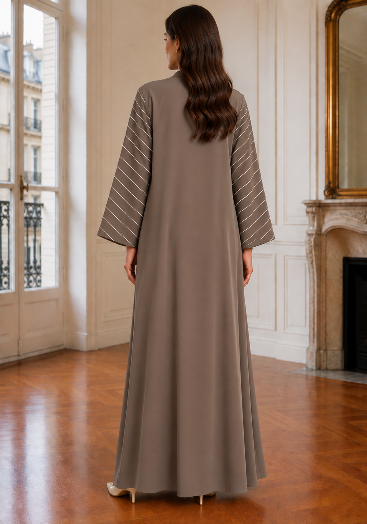 Taupe & Ivory 3-Piece Crepe Abaya Set with Geometric Neckline & Striped Sleeves