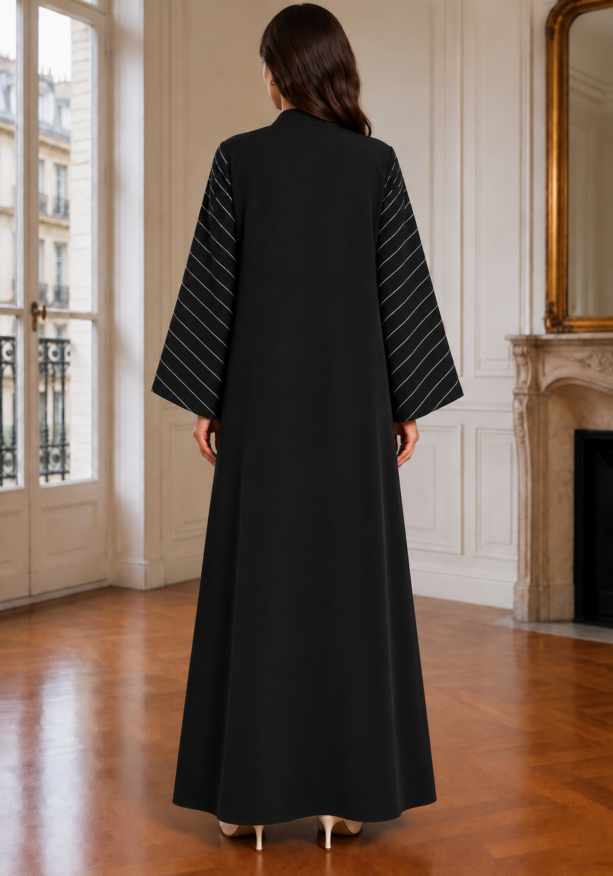 Black & Grey 3-Piece Crepe Abaya Set with Geometric Neckline & Striped Sleeves