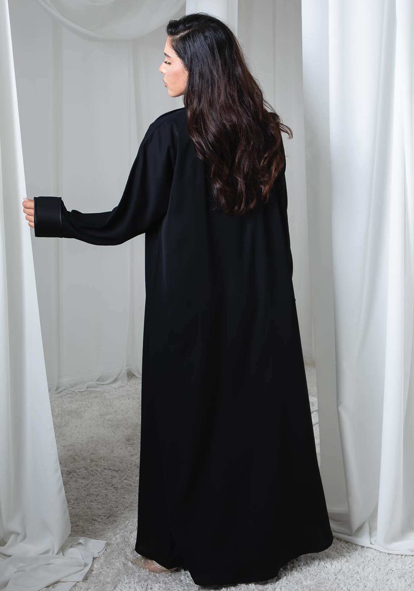 Multi-Fabric Abaya with Front Panel Embroidery and Sheila