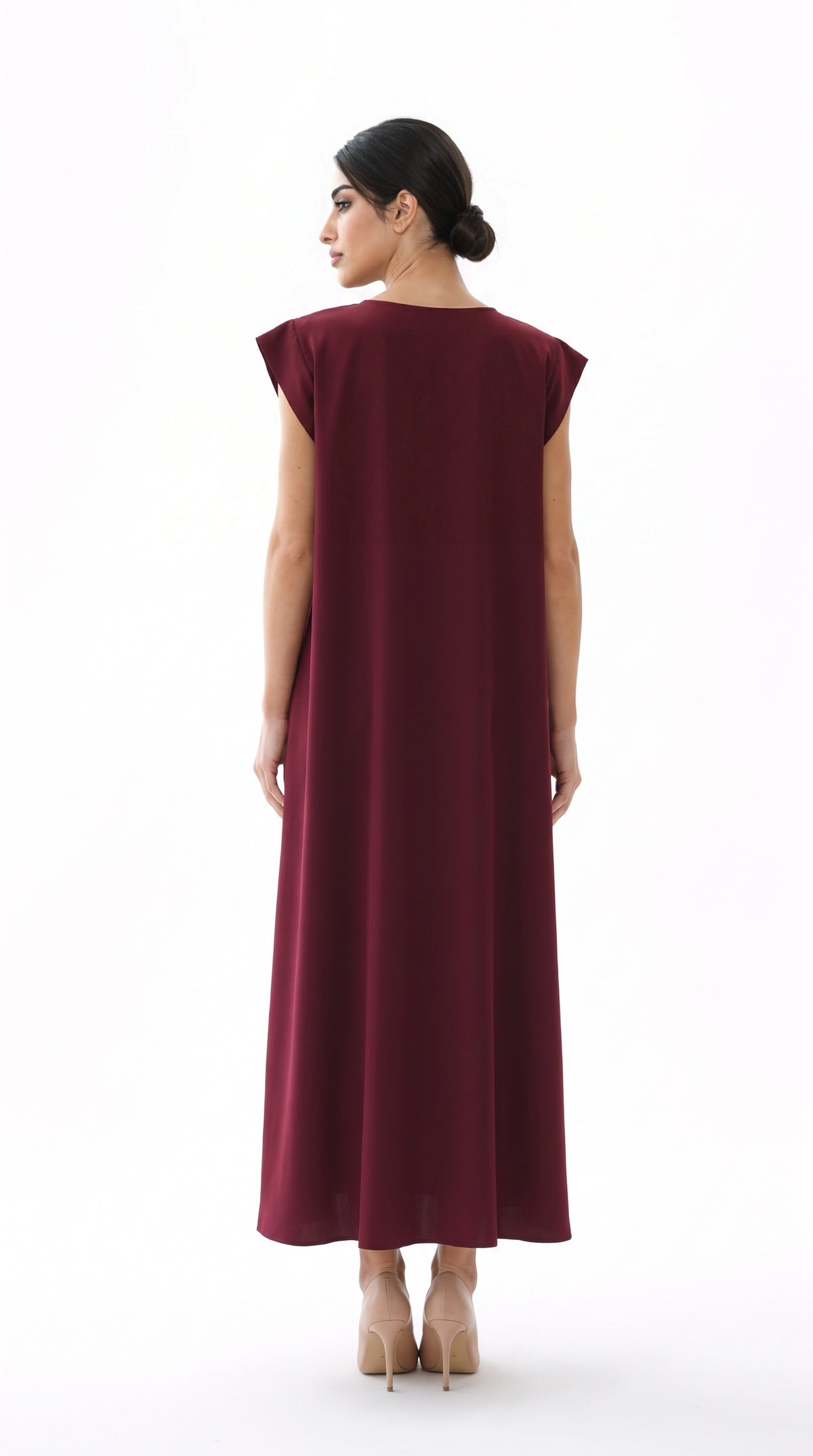 Maroon Nida under abaya dress, back view