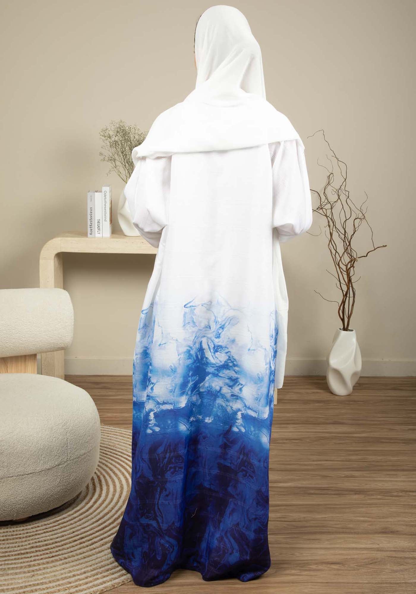 Linen Fabric Abaya with White and Blue Shades with Headscarf