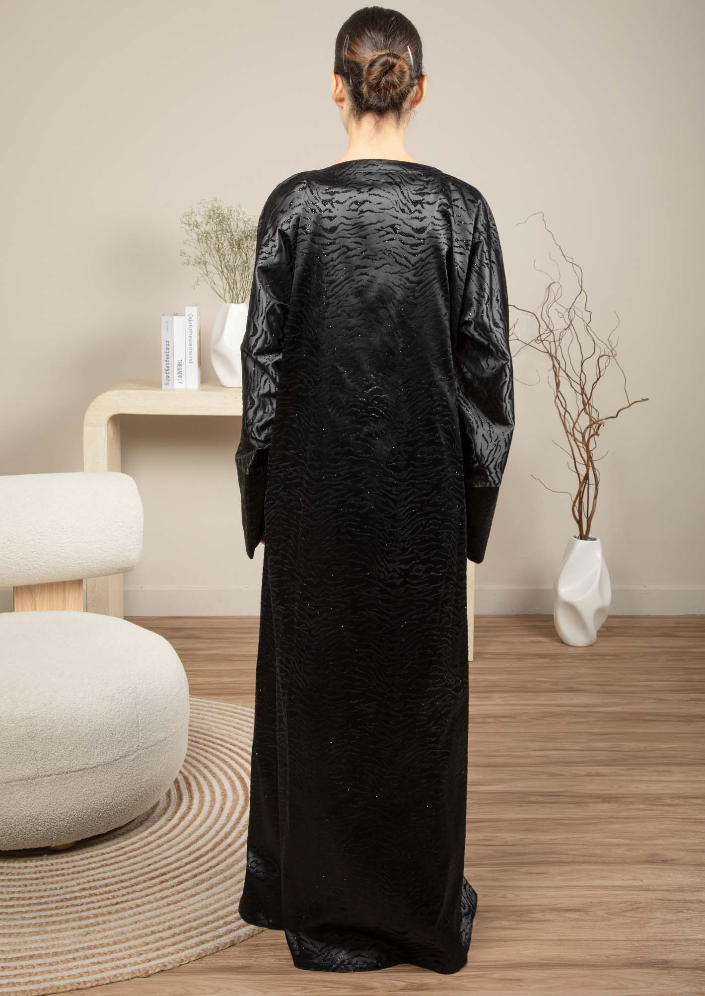 Front Open Black Jacquard Abaya