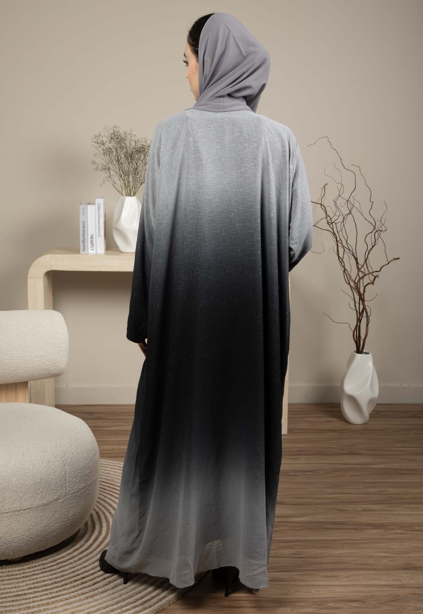 Front Open Black Double Shades Chiffon Abaya with Glitter and Matching Sheila