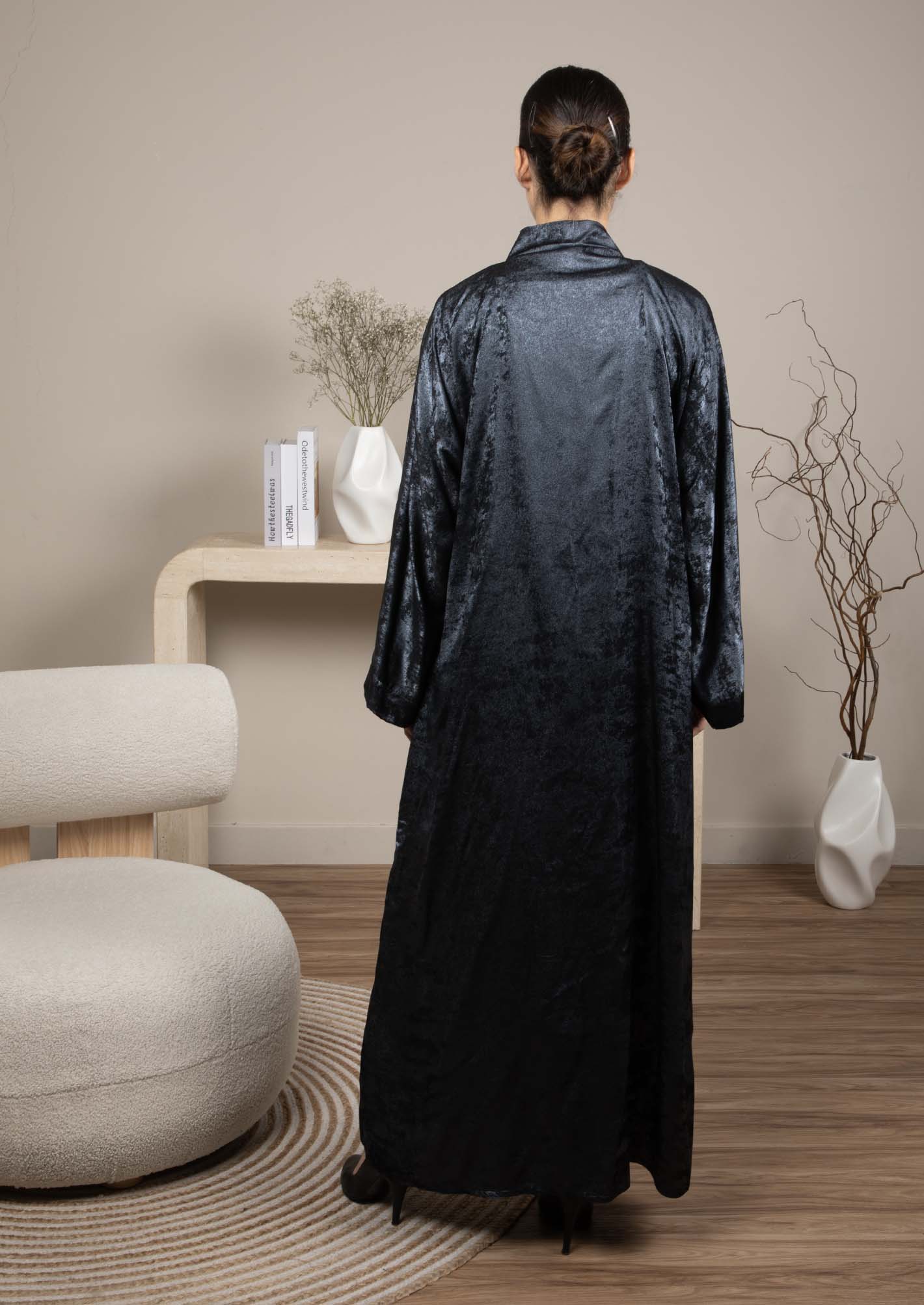 Front Open Double Shade Navy Silk Abaya