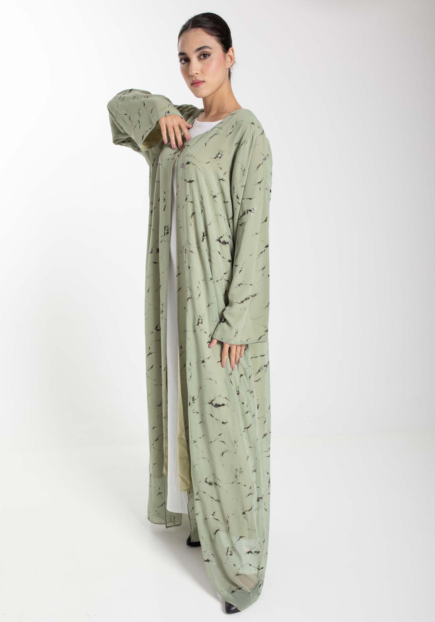 Minimalist Printed Chiffon Green Abaya with Matching Headscarf
