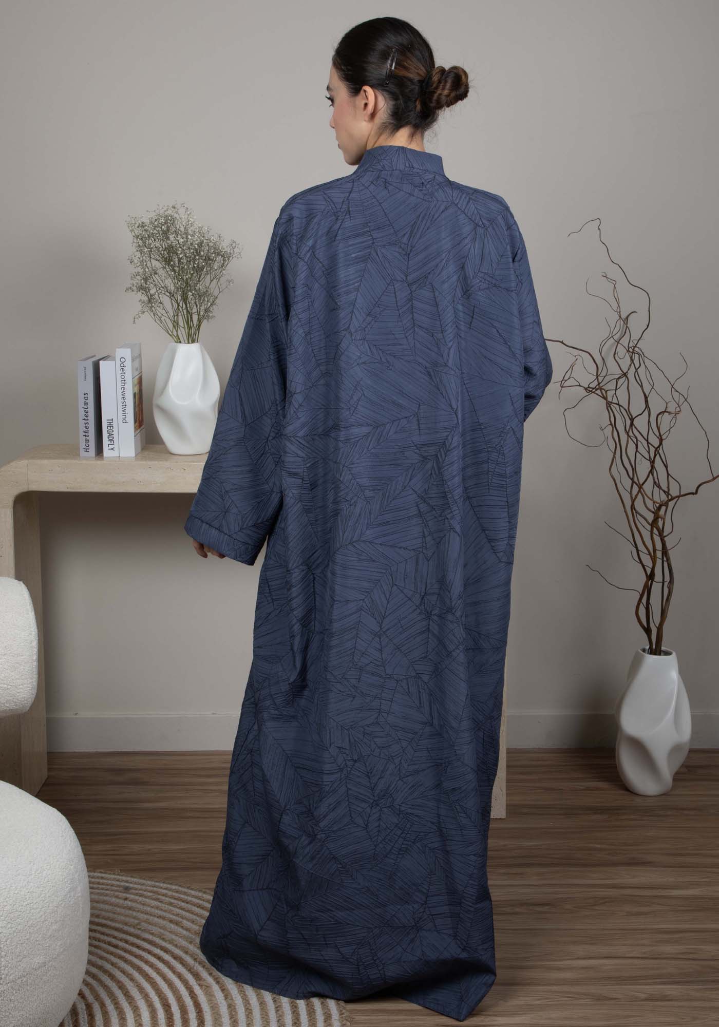 Dark Blue Grey Jacquard Abaya With Black Crushed Lines