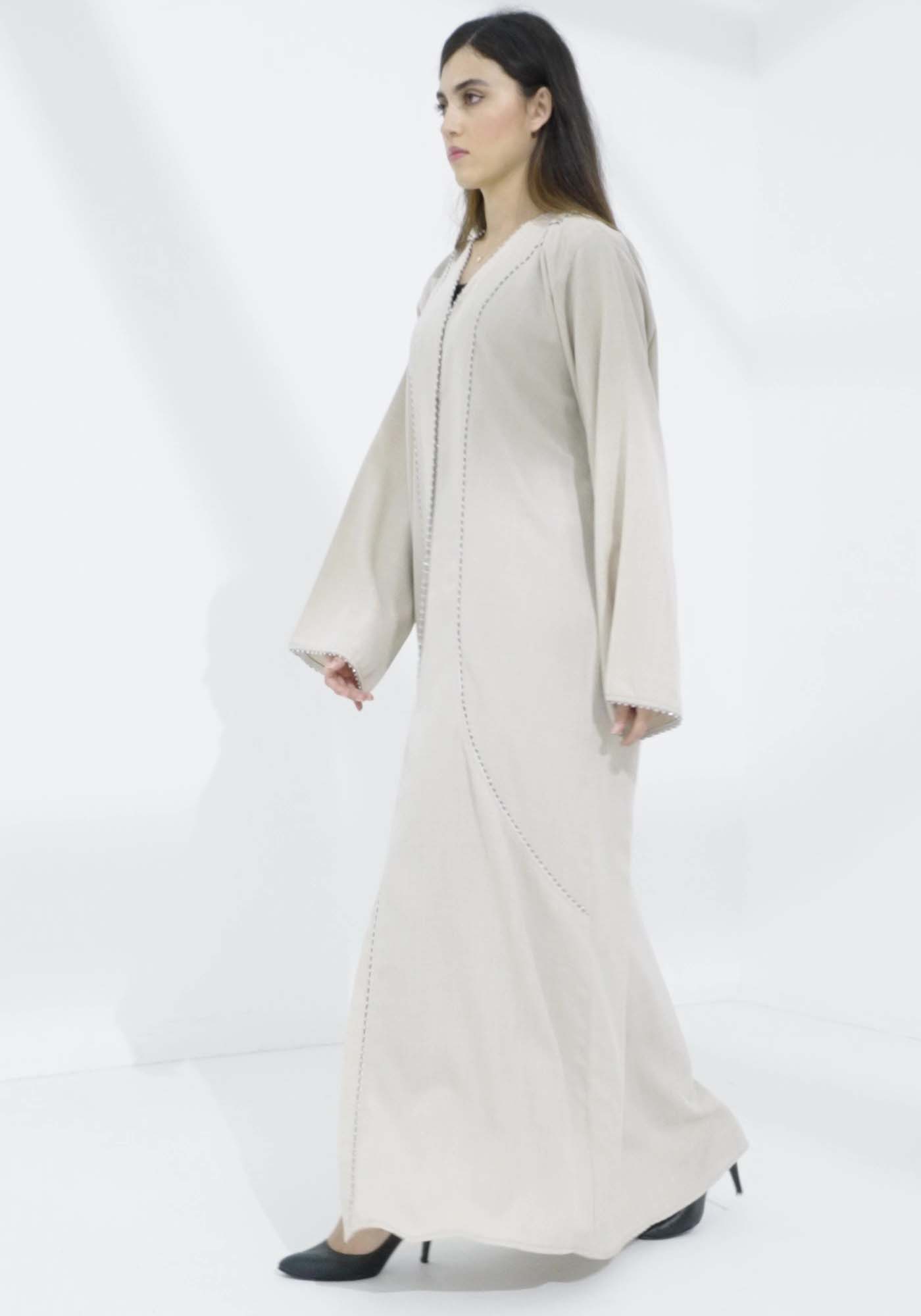 Beige V-Neck Embroidered Abaya With Headscarf