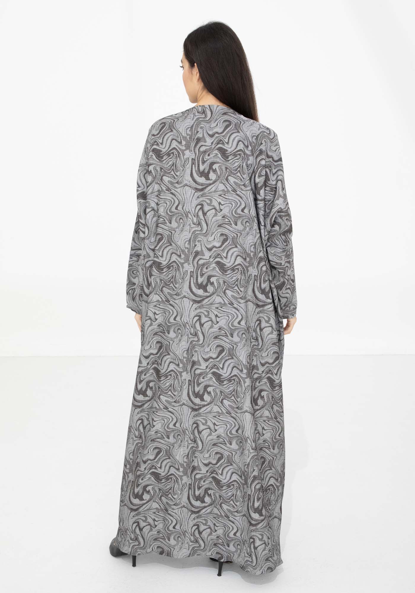 Marble-Printed Grey Pleated Abaya in Soft Fabric with Matching Headscarf