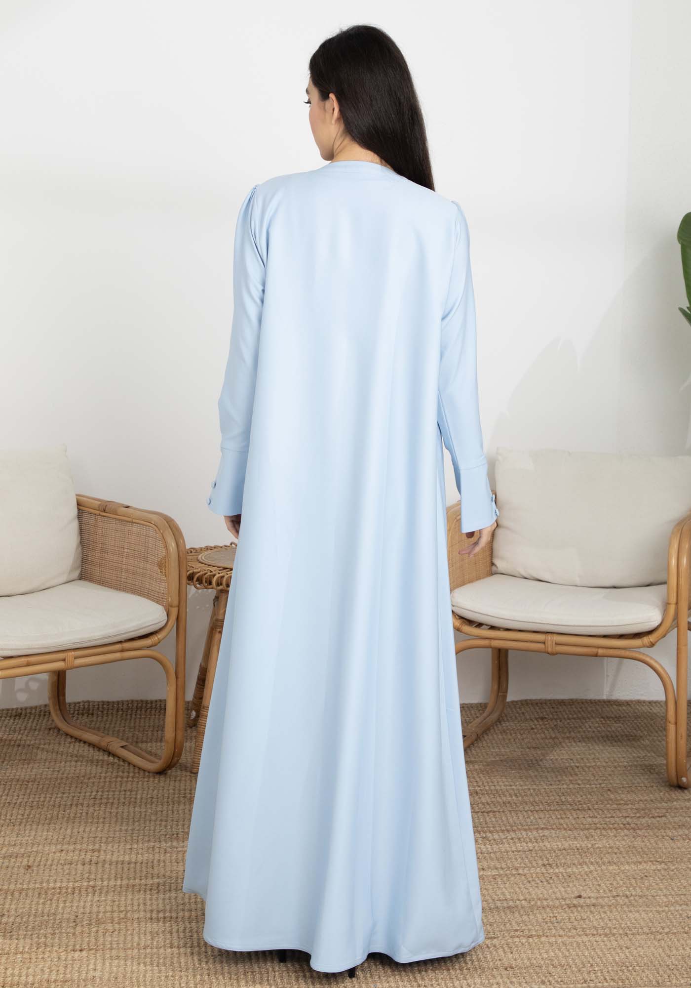 Sky Blue Barbie Crepe Abaya with Open Cuffs and Matching Fabric Buttons