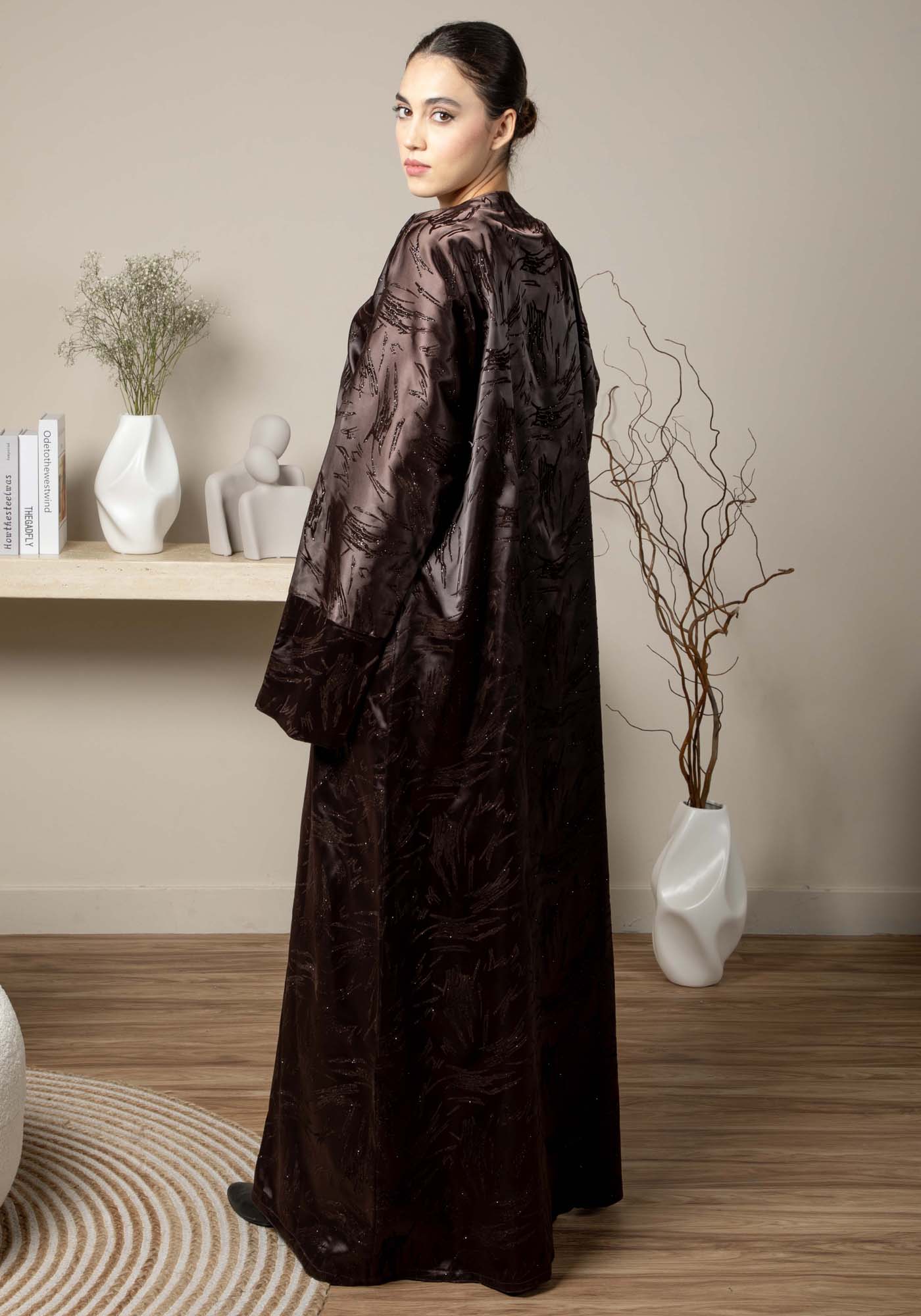 Front Open Brown Jacquard Abaya
