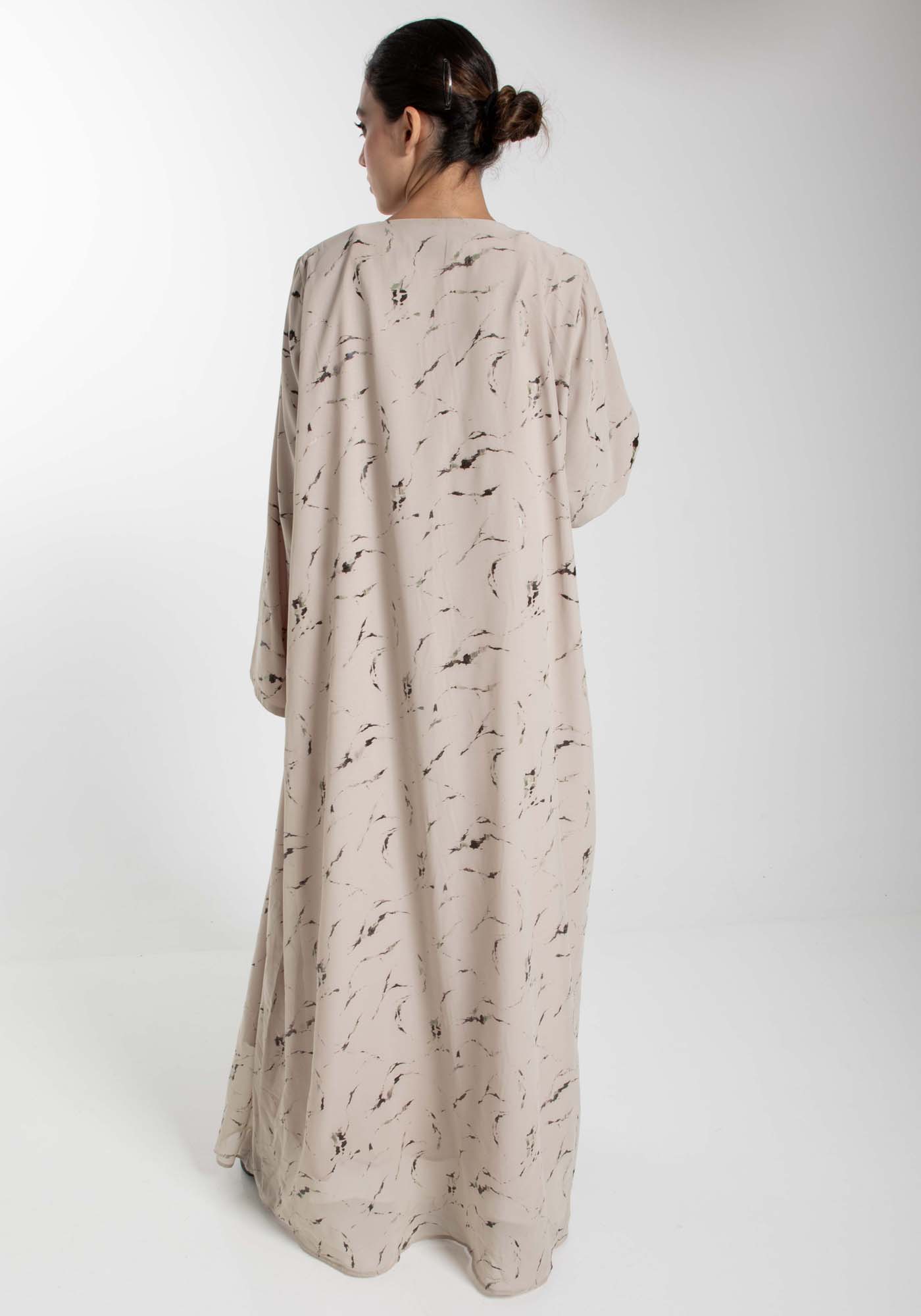 Minimalist Printed Chiffon Beige Abaya with Matching Headscarf