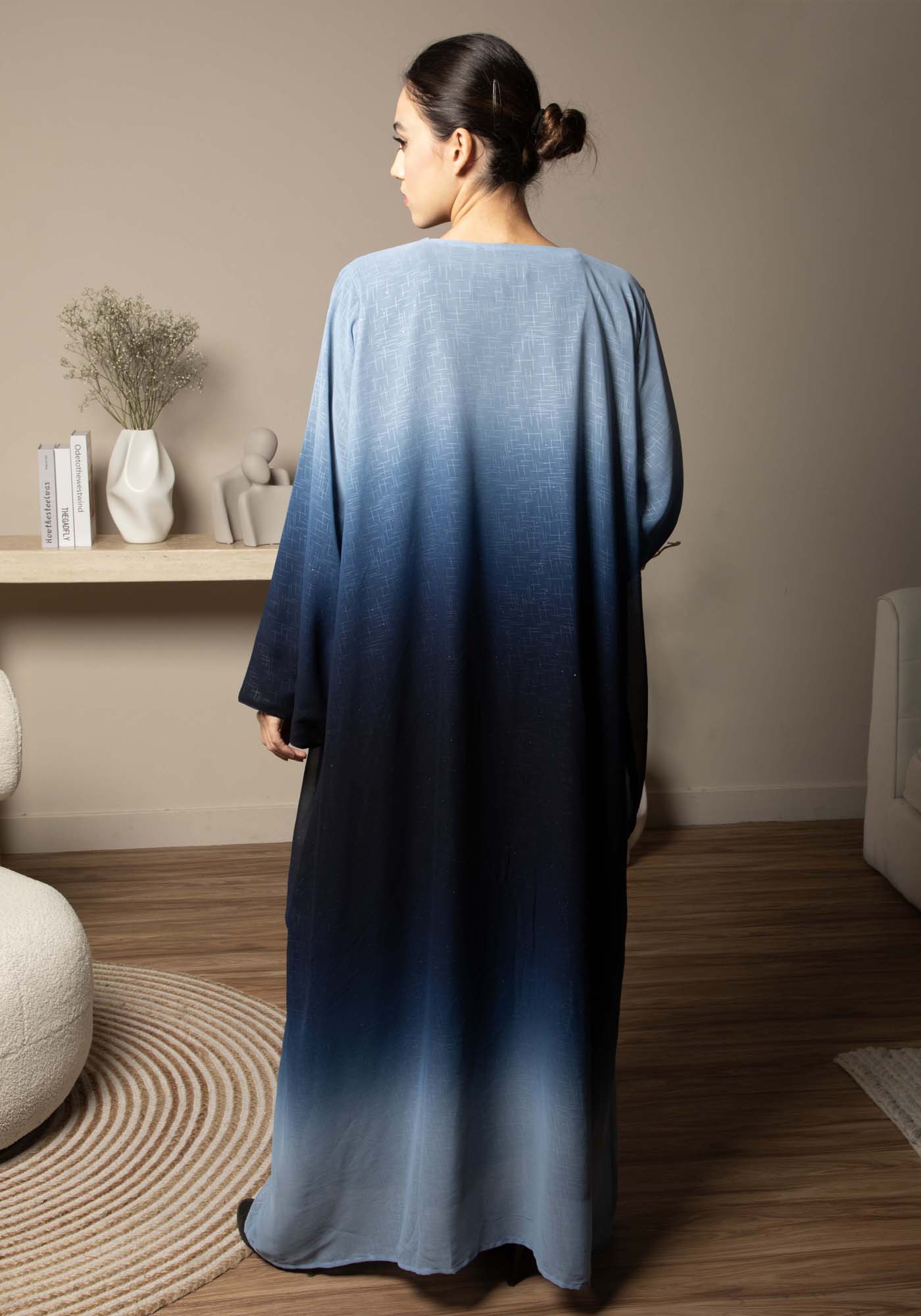 Front Open Blue Double Shades Chiffon Abaya with Glitter and Matching Sheila