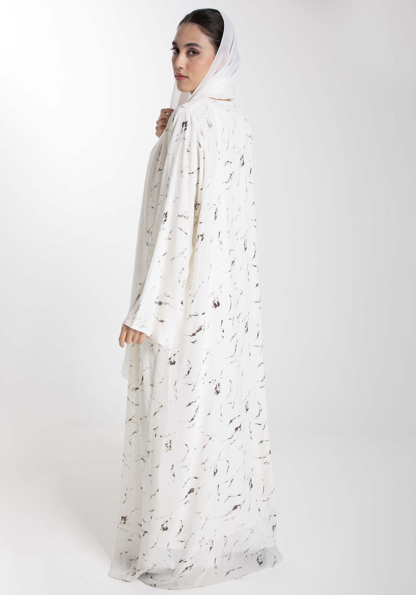 Minimalist Printed Chiffon White Abaya with Matching Headscarf