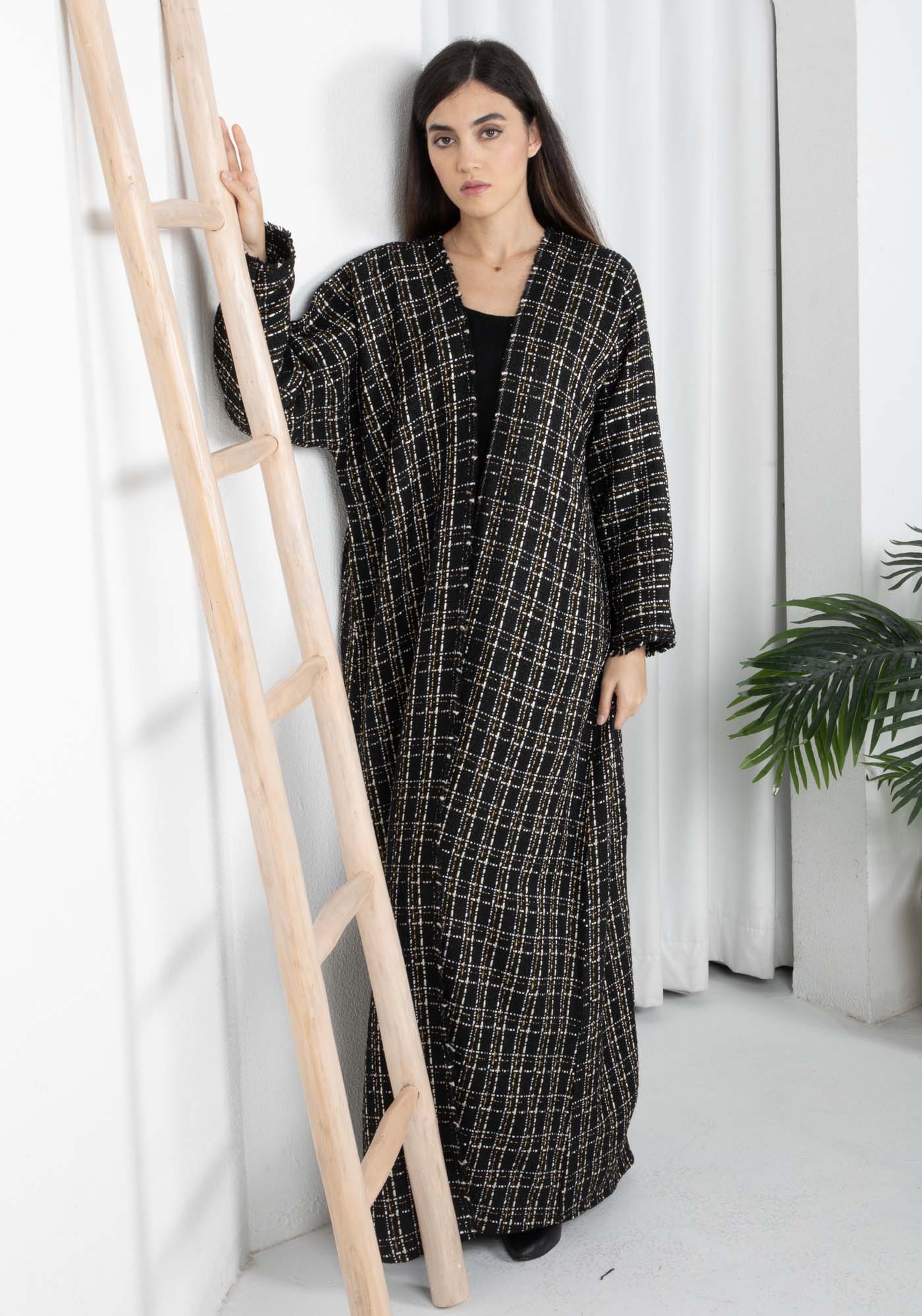 Black Winter Tweed Abaya with Multicolor Thread Details with Headscarf