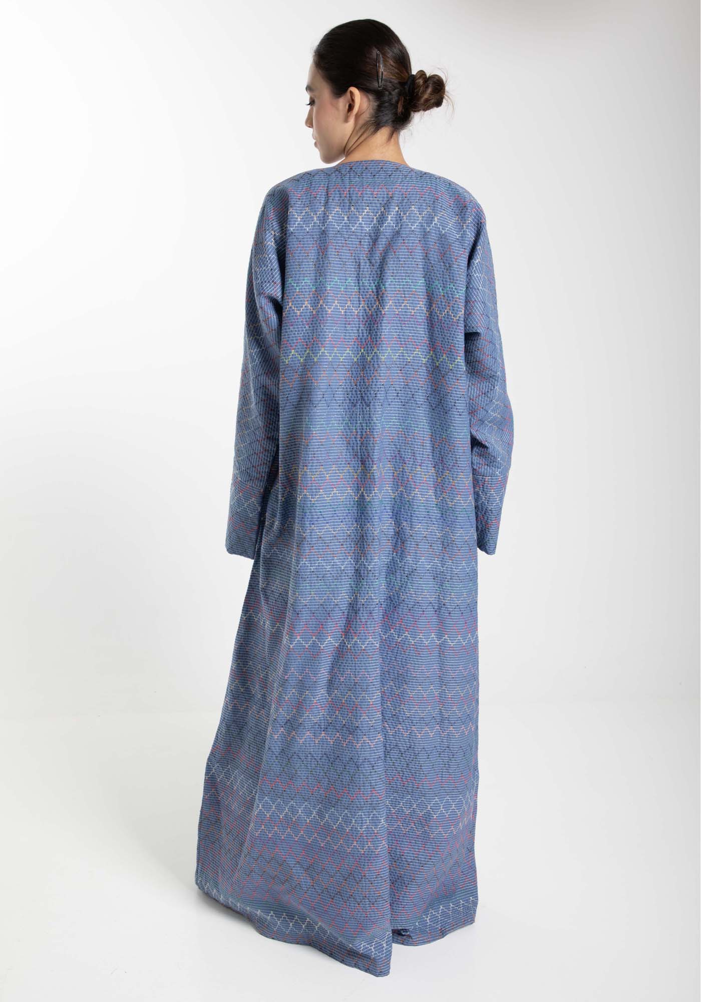 Front Open Multicolor Thread Linen Blue Abaya
