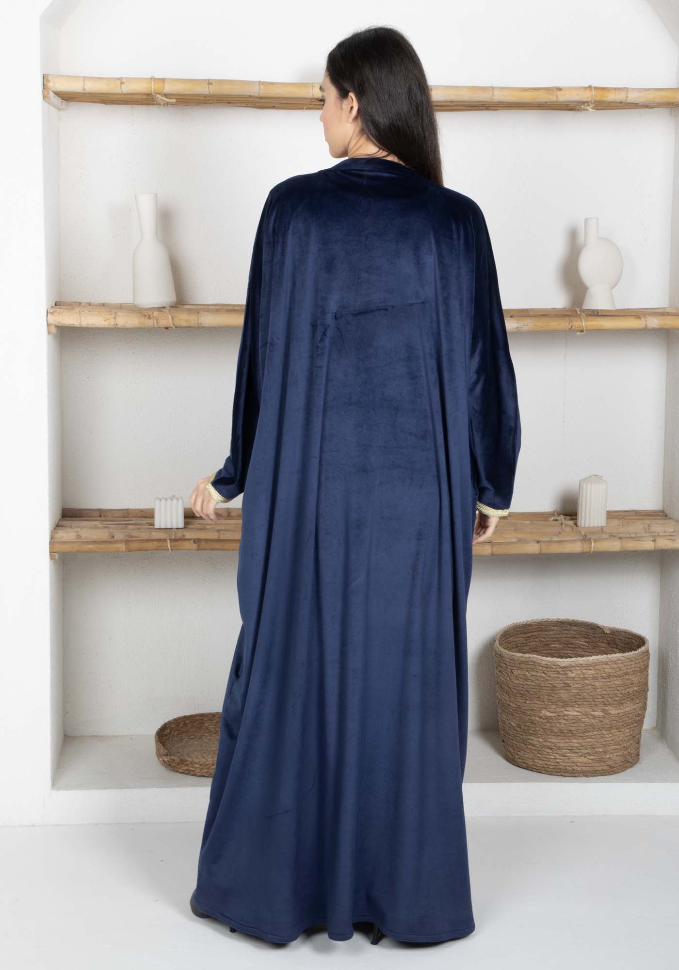 Navy Velvet Abaya with Golden Lace Borders & Matching Headscarf β Perfect for Winter