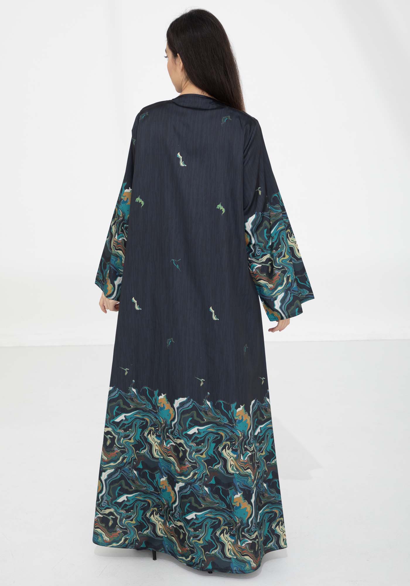 Black Taffeta Printed Open Abaya β Effortless Elegance