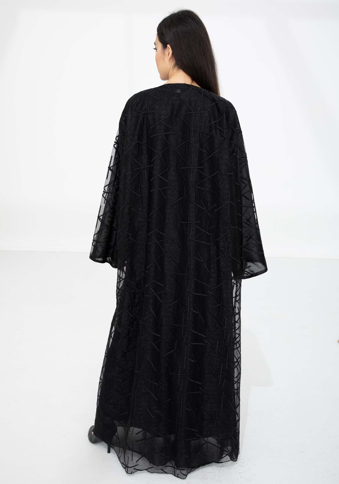 Black Organza Abaya with Sheer Self Embroidered Overlay