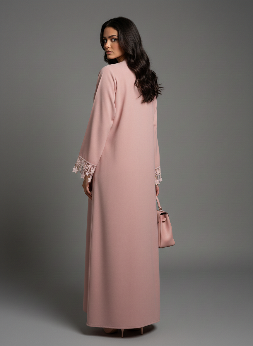 Pink Designer Star Lace with Matching Headscarf Front Open Abaya